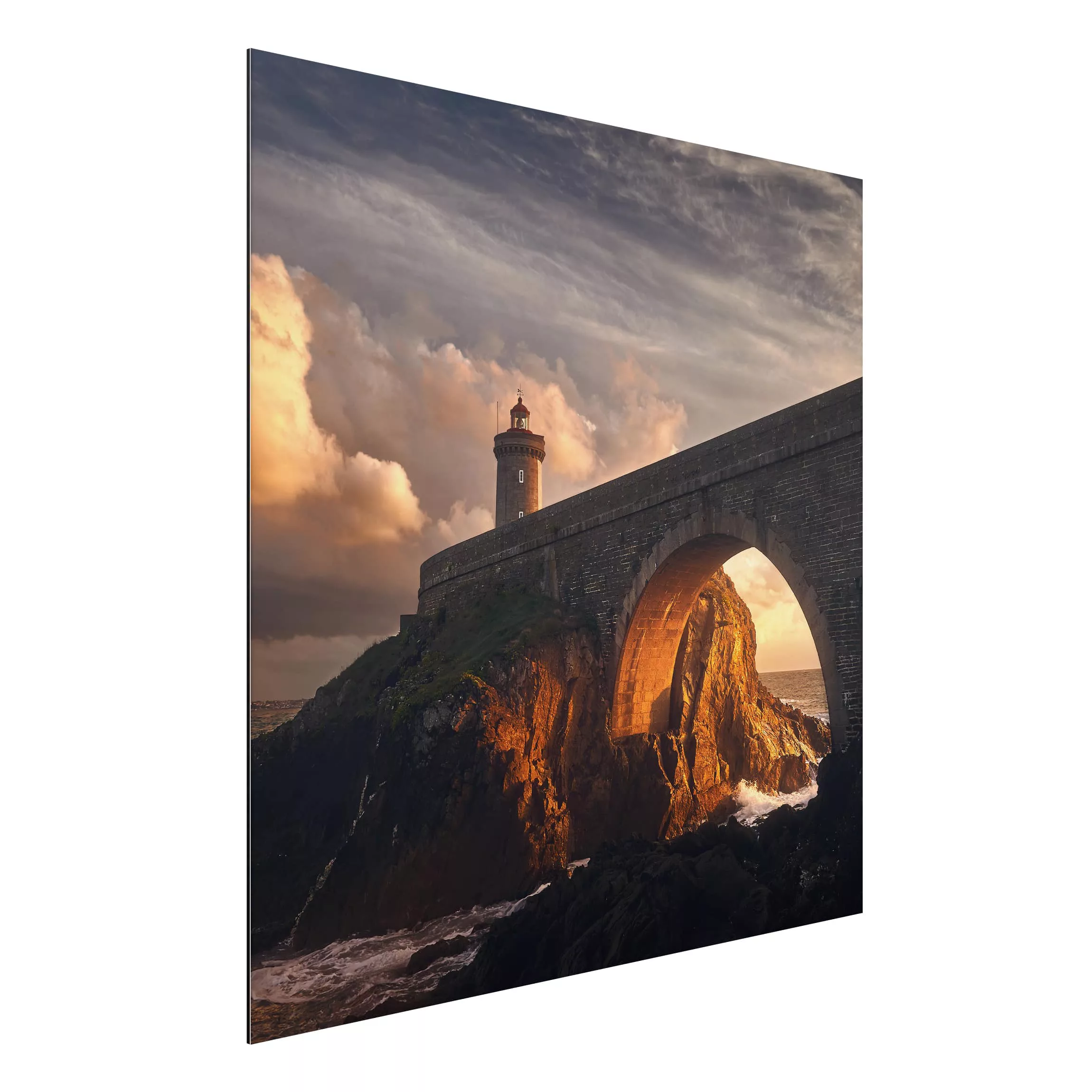 Alu-Dibond Bild Natur & Landschaft - Quadrat Leuchtturm an der Brücke günstig online kaufen