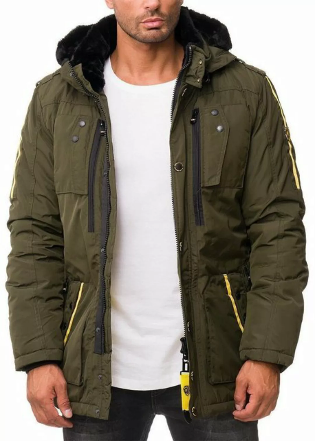 Cipo & Baxx Winterjacke Herren Kapuzenjacke BA-CM130 Khaki S mit Kunstfell günstig online kaufen