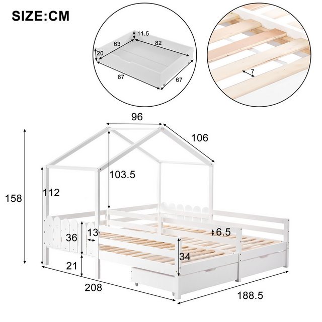 TavilaEcon Kinderbett Hausbett Doppelbett Gitterbett mit 2 MDF-Schubladen, günstig online kaufen