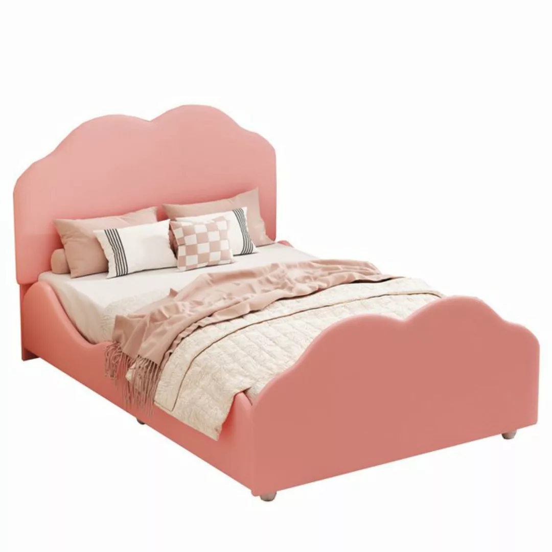 Ulife Kinderbett Polsterbett, Einzelbett, 90x200cm, beige, rosa, mit wolken günstig online kaufen