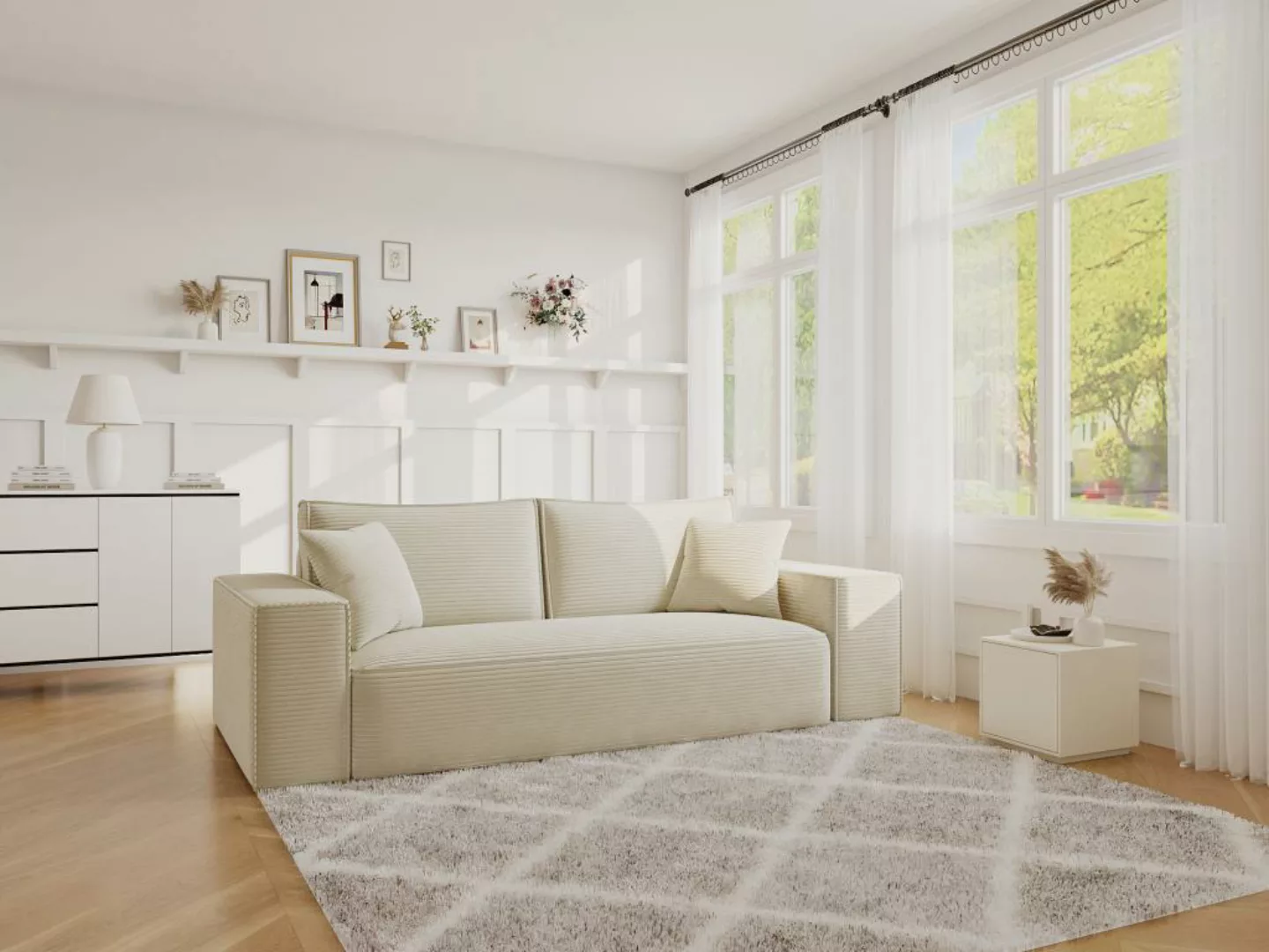 Sofa 4-Sitzer mit Matratze - Cord - Cremefarben - Liegefläche 160 cm - Matr günstig online kaufen