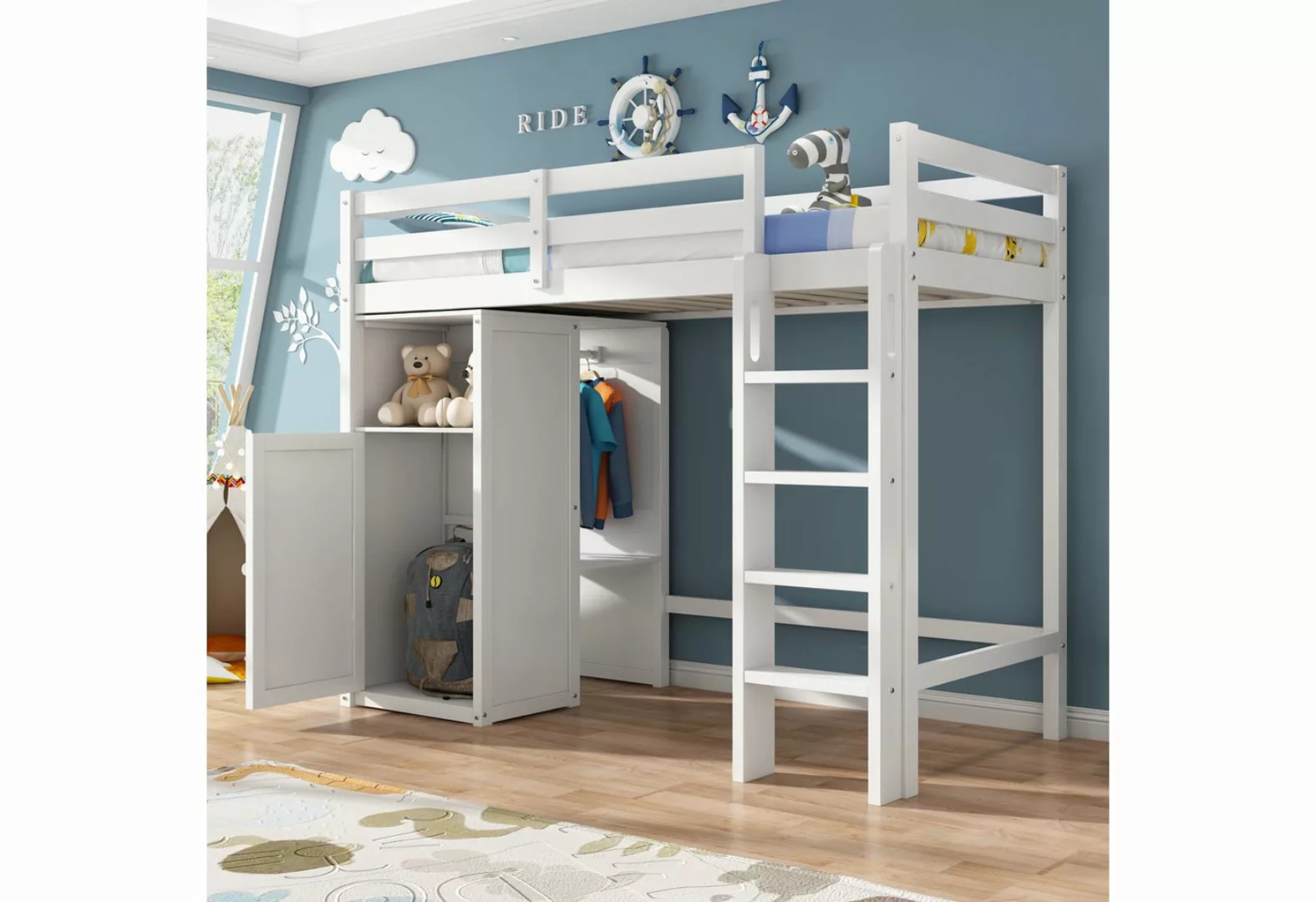 IDEASY Kinderbett Hochbett Einzelbett mit Kleiderschrank und Regalen 90x200 günstig online kaufen