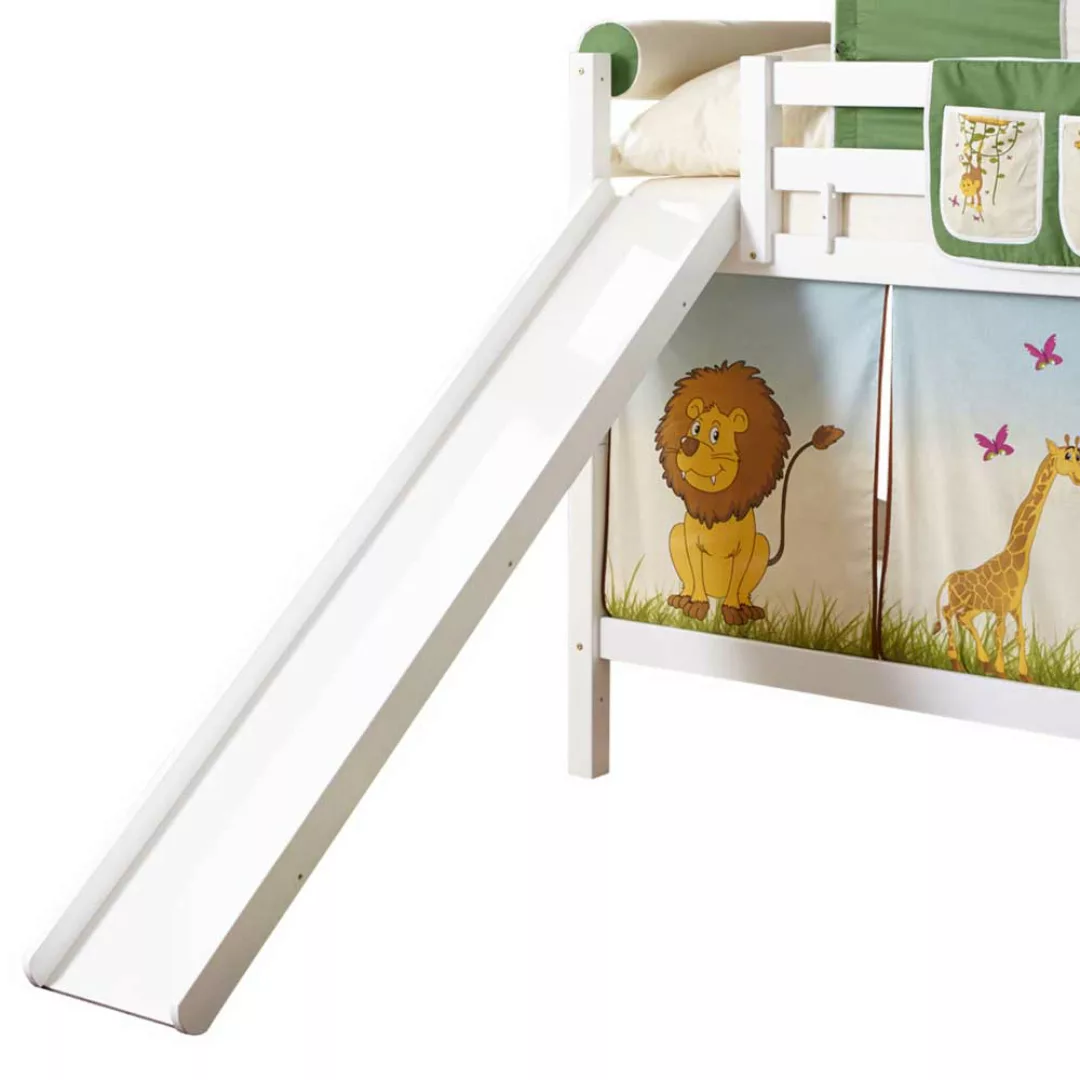 Kinderzimmer Rutschbett mit Zootier Motiven Buche Massivholz in Weiß günstig online kaufen