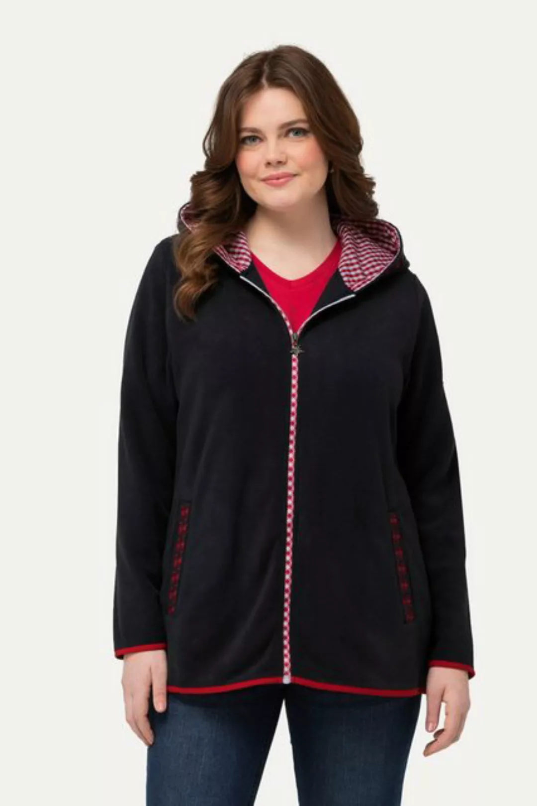 Ulla Popken Sweatjacke Trachten-Fleecejacke Kapuze Zierstickerei Langarm günstig online kaufen