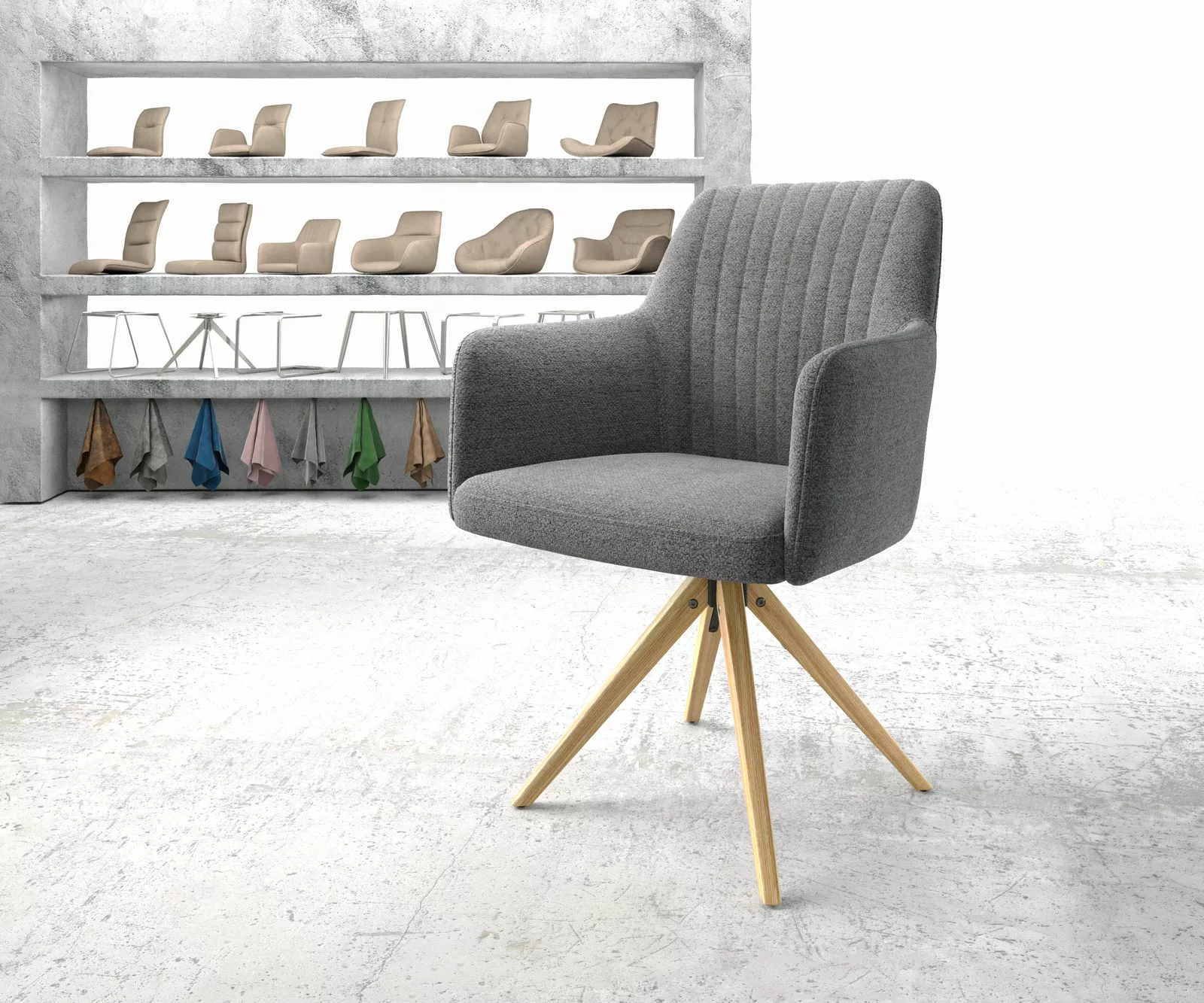 Drehstuhl Greg-Flex Strukturstoff Hellgrau Holzgestell kantig 180° drehbar günstig online kaufen