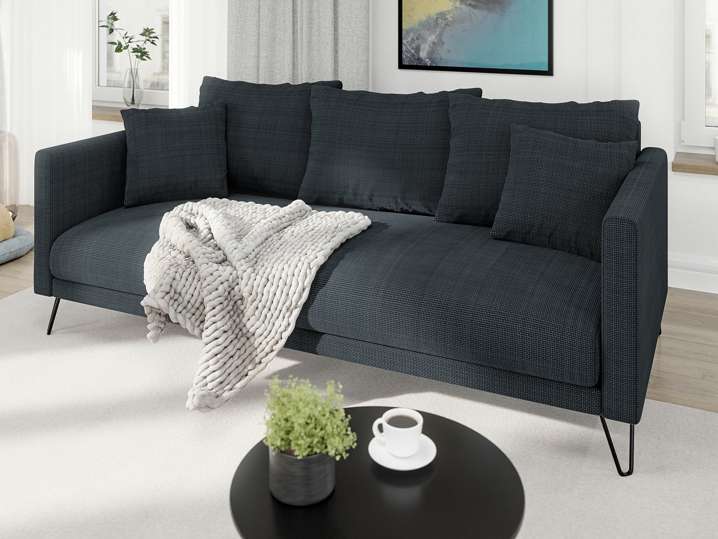 S-Style Möbel 3-Sitzer Sofa Harmony aus Chenille-Stoff mit Hohen Schwarzen günstig online kaufen