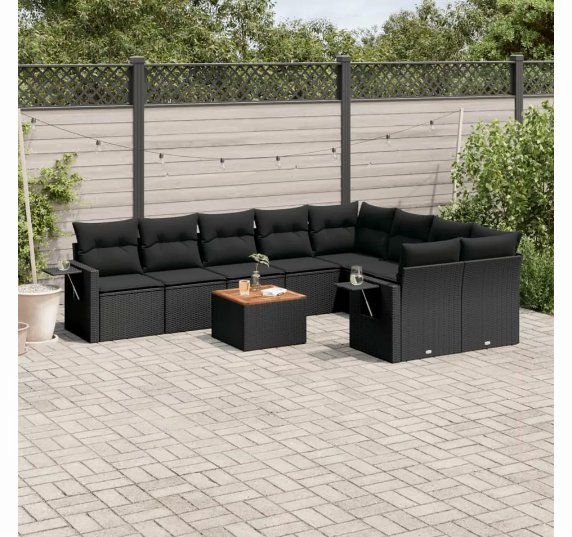 vidaXL Loungesofa 10-tlg. Garten-Sofagarnitur mit Kissen Schwarz Poly Ratta günstig online kaufen