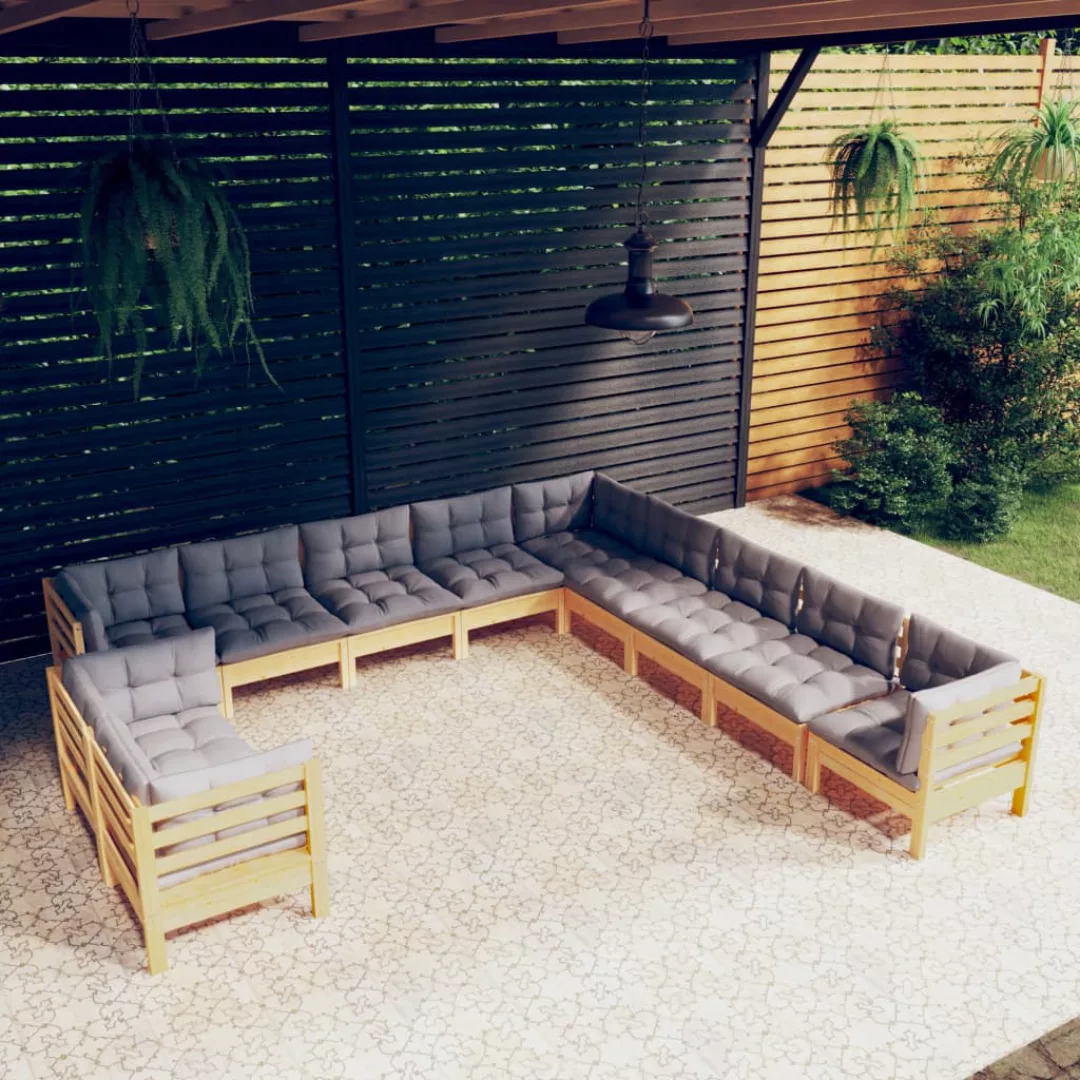 11-tlg. Garten-lounge-set Mit Grauen Kissen Massivholz Kiefer günstig online kaufen