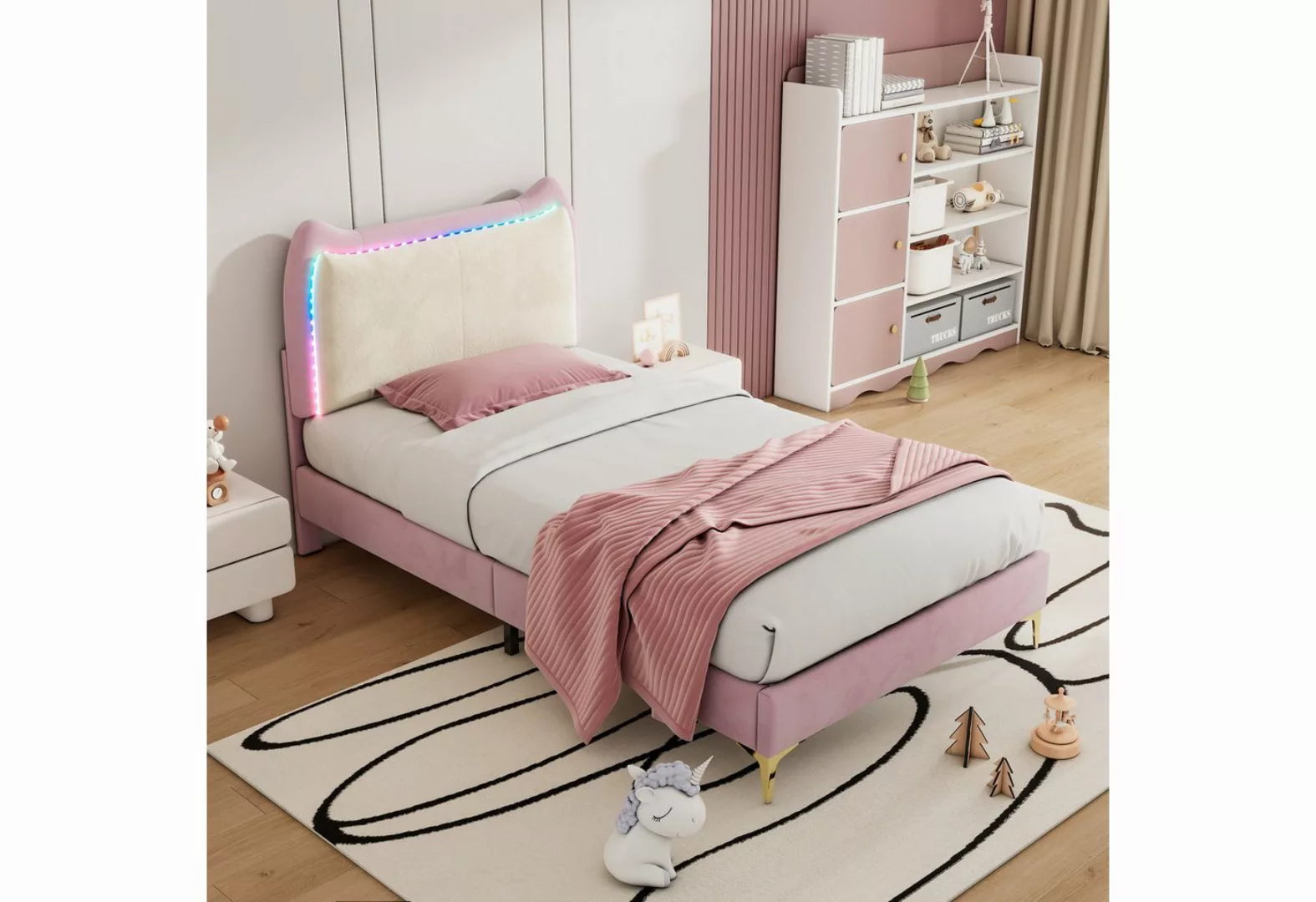 Fangqi Polsterbett 90x200 cm upholstered bed with LED light bar, velvet, pi günstig online kaufen