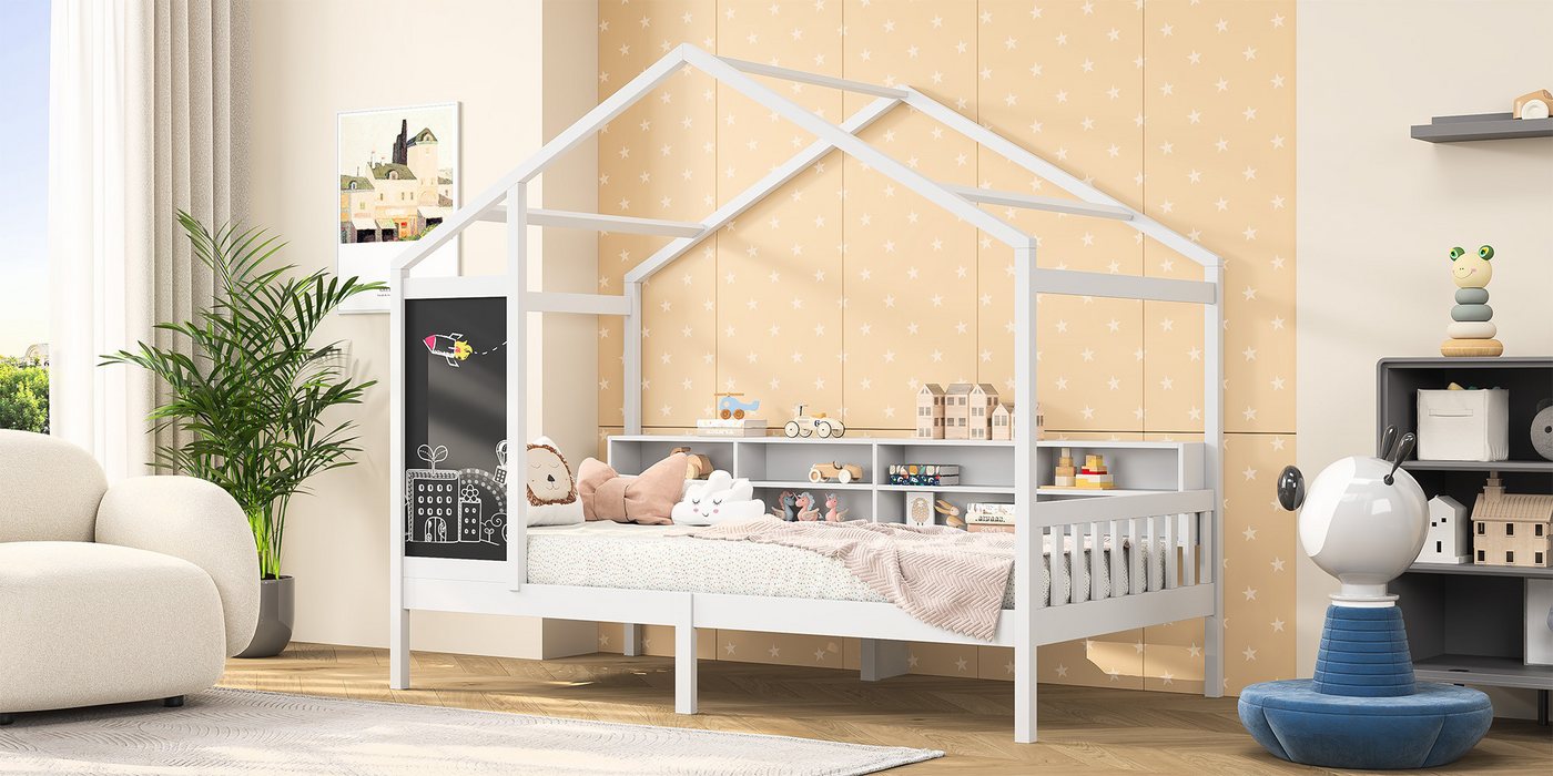 Romance Massivholzbett Kinderbett Hausbett Einzelbett, mit Dach, Tafel,stab günstig online kaufen