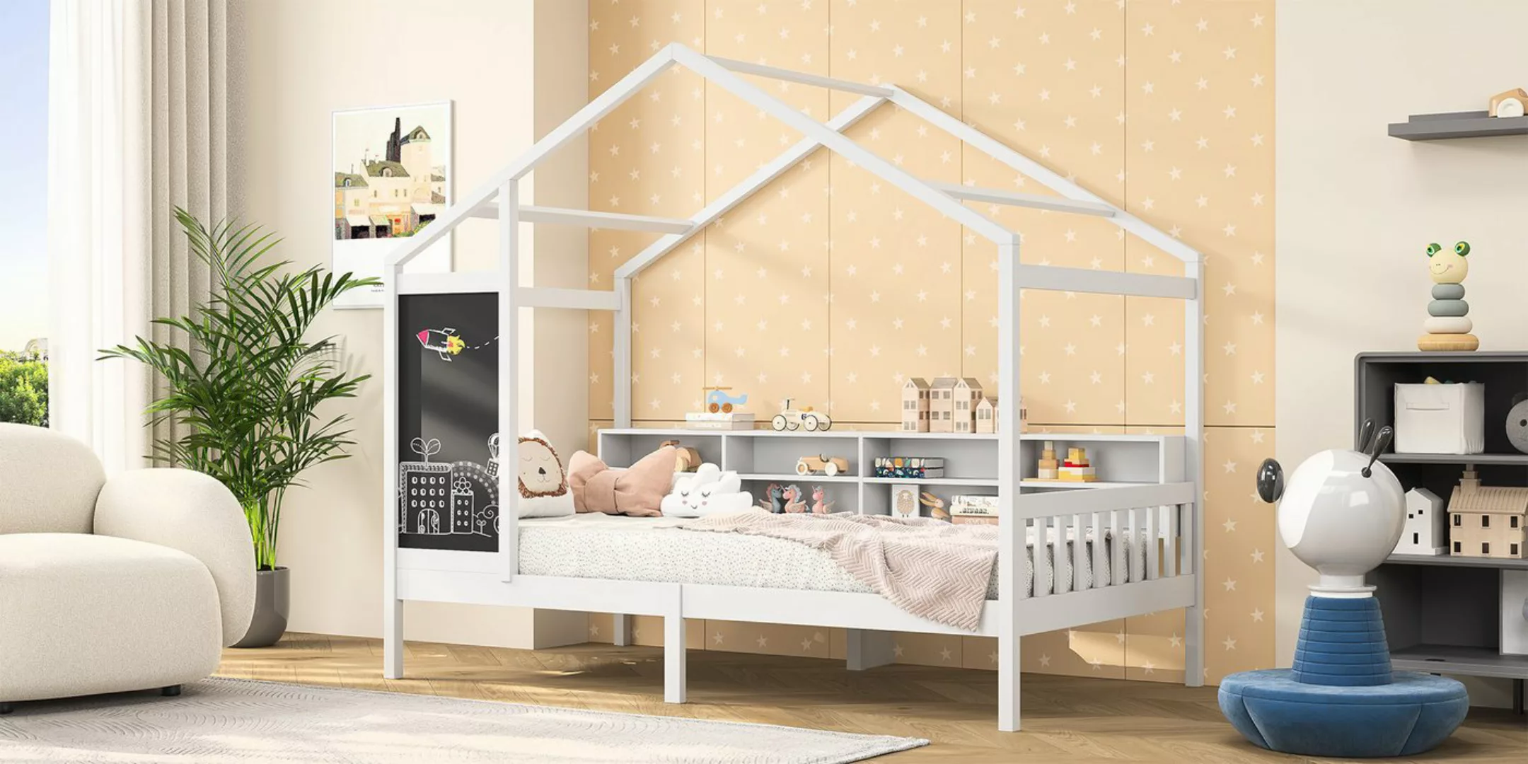 Romance Massivholzbett Kinderbett Hausbett Einzelbett, mit Dach, Tafel,stab günstig online kaufen