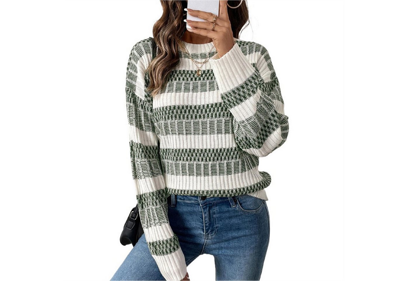 Zoclack Strickpullover Damen Lässiger Rundhalspullover Streifenpullover mit günstig online kaufen