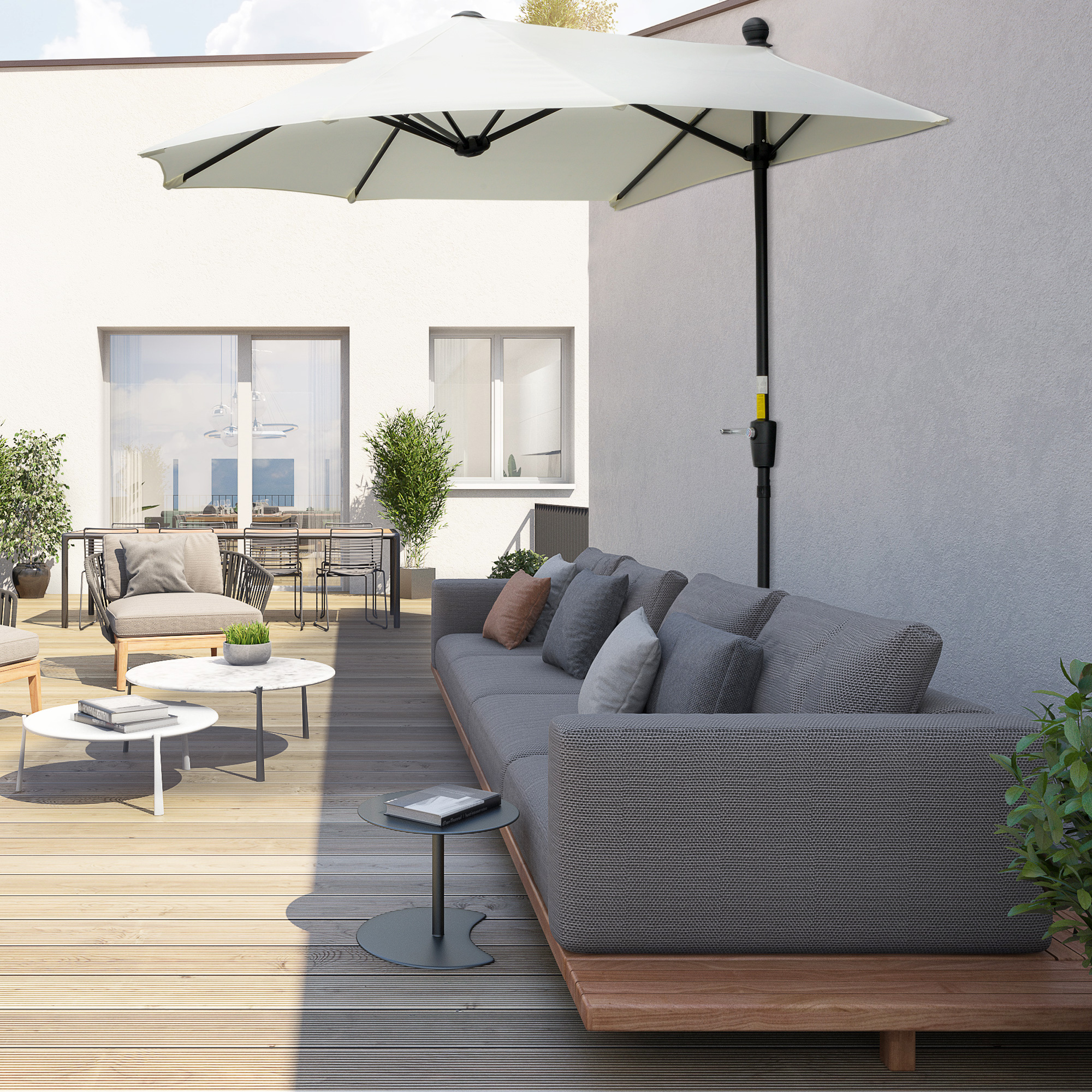 Outsunny Doppelhalbrunder Sonnenschirm für Wand und Mauer 2x1,9 m mit Kurbe günstig online kaufen