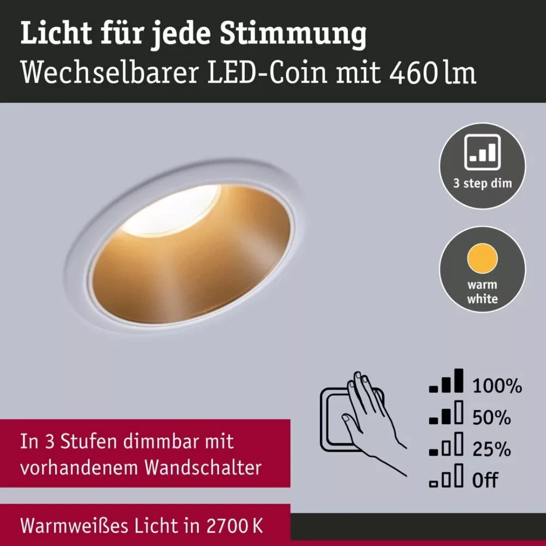 LED Deckeneinbaustrahler Coin 6,5W 460lm IP44 3-er Set in Weiß und Gold-mat günstig online kaufen