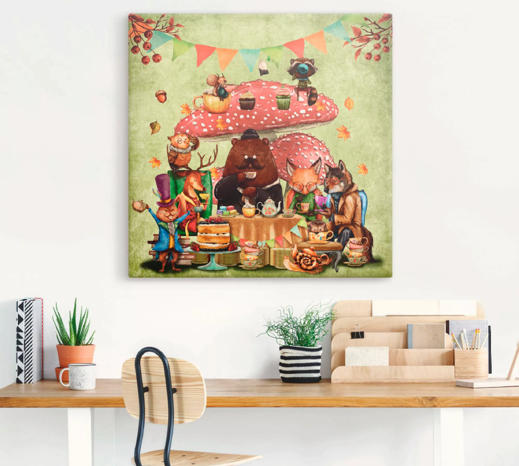 Artland Leinwandbild "Wald Freunde Fliegenpilz Teetrinken", Animal Fantasy, günstig online kaufen