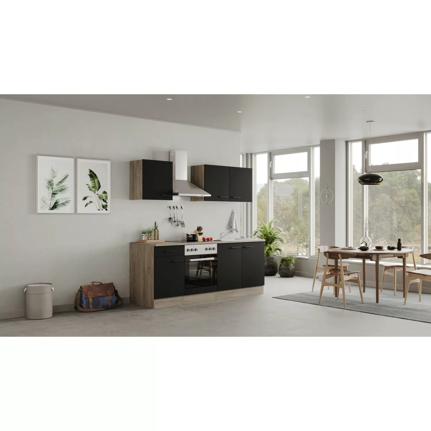 Flex-Well Exclusiv Küchenzeile Capri 210 cm Schwarz Matt-Endgrain Oak günstig online kaufen