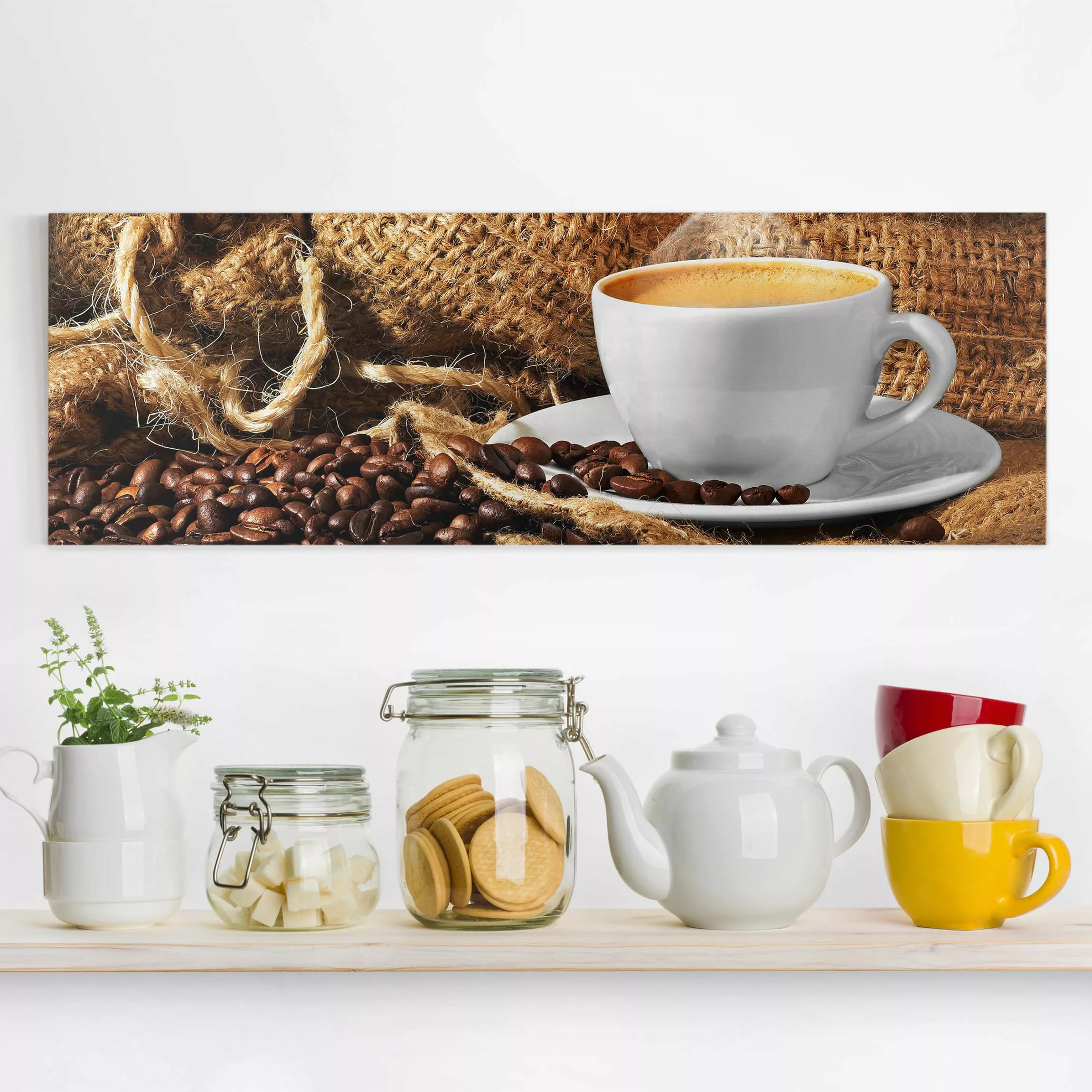 Leinwandbild Küche - Panorama Kaffee am Morgen günstig online kaufen