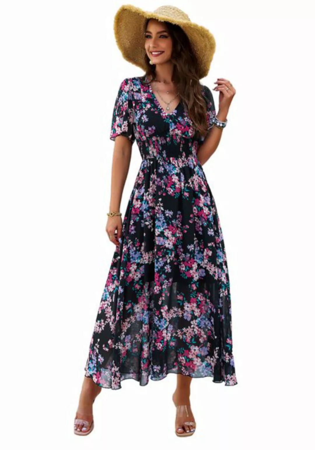 Mayou Sommerkleid Damen Maxikleid mit Blumenmuster V-Ausschnitt Gesmoktes S günstig online kaufen