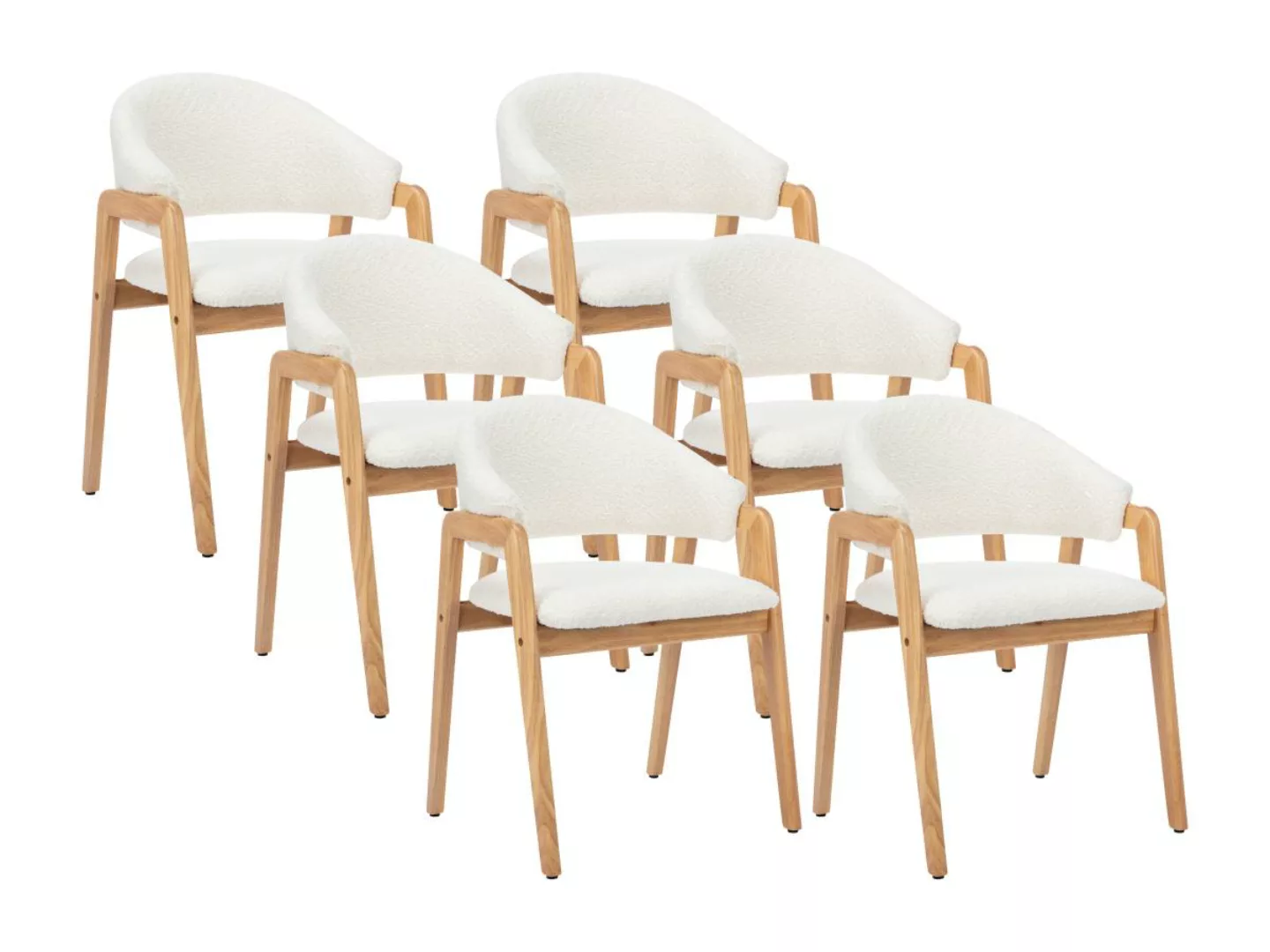 Stuhl mit Armlehnen 6er-Set - Bouclé-Stoff & Kautschukholz - Weiß - SOLUNA günstig online kaufen