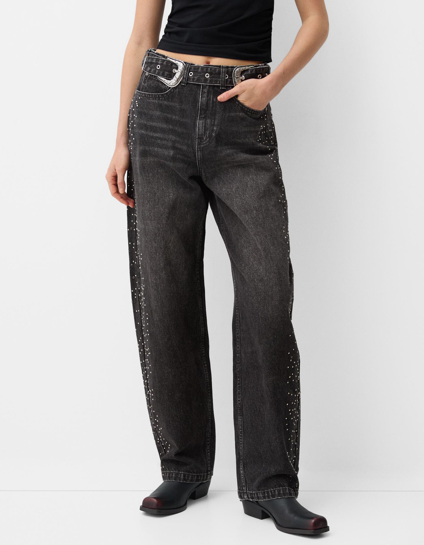 Bershka Balloon-Jeans Aus Denim Mit Nieten Und Gürtel Damen 36 Schwarz günstig online kaufen