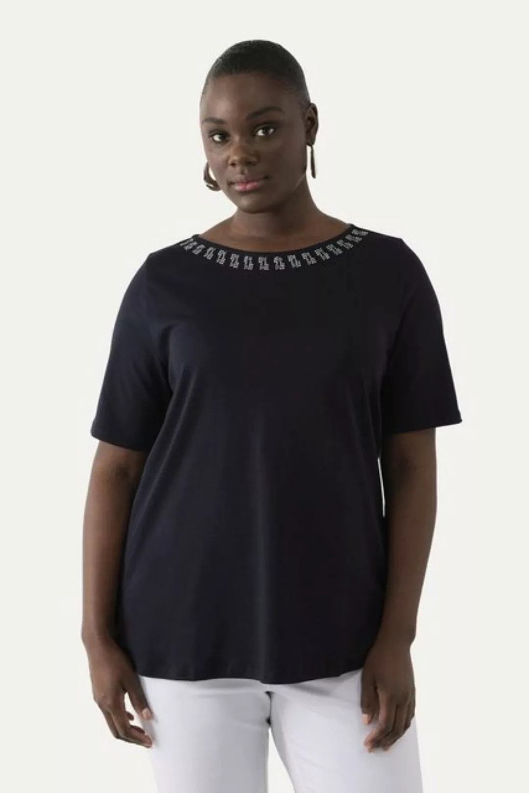 Ulla Popken Rundhalsshirt T-Shirt Ziersteine A-Linie Rundhals Halbarm günstig online kaufen