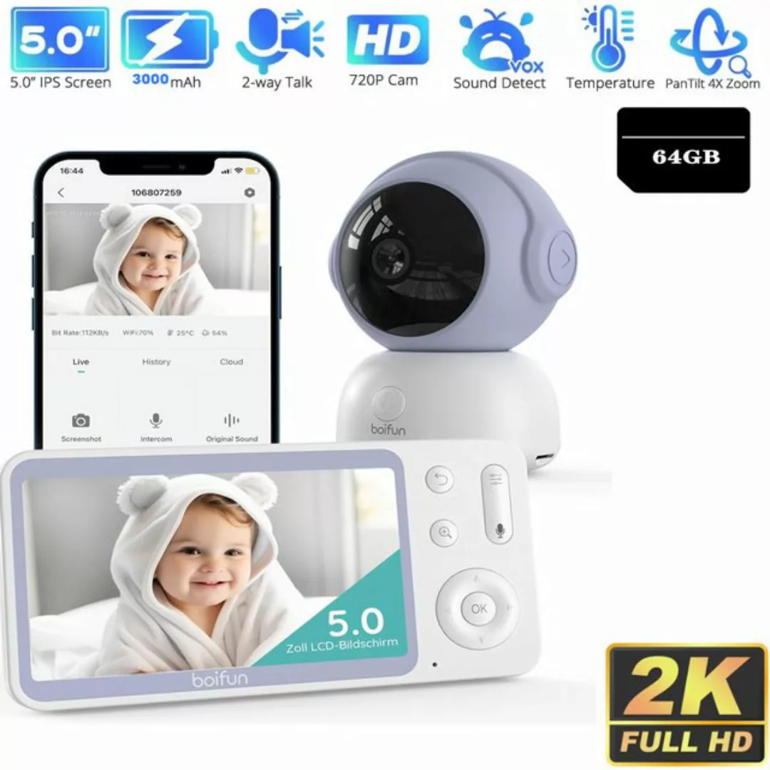 Boifun Video-Babyphone Babyphone 720P mit Kamera 5 Zoll Baby Monitor, mit K günstig online kaufen