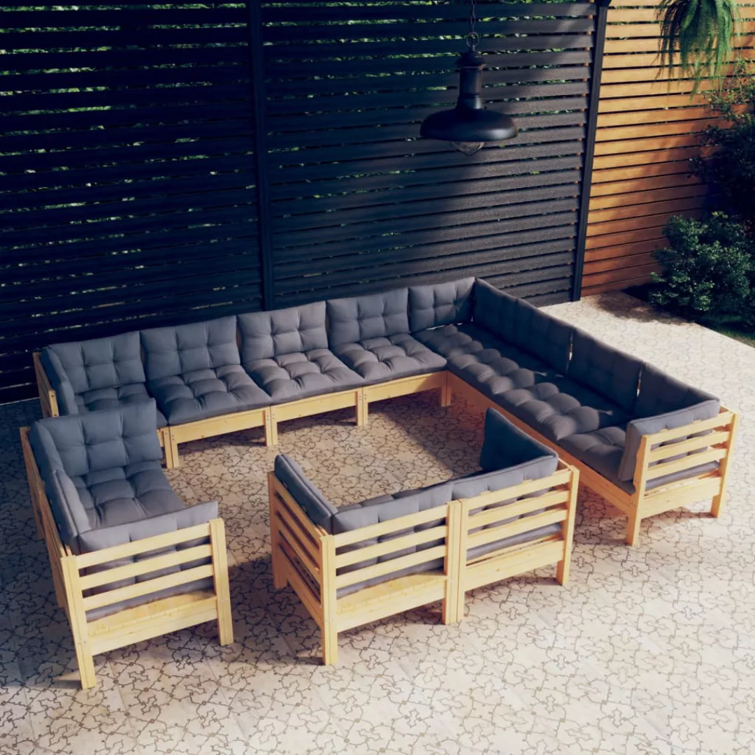 12-tlg. Garten-lounge-set Mit Grauen Kissen Massivholz Kiefer günstig online kaufen