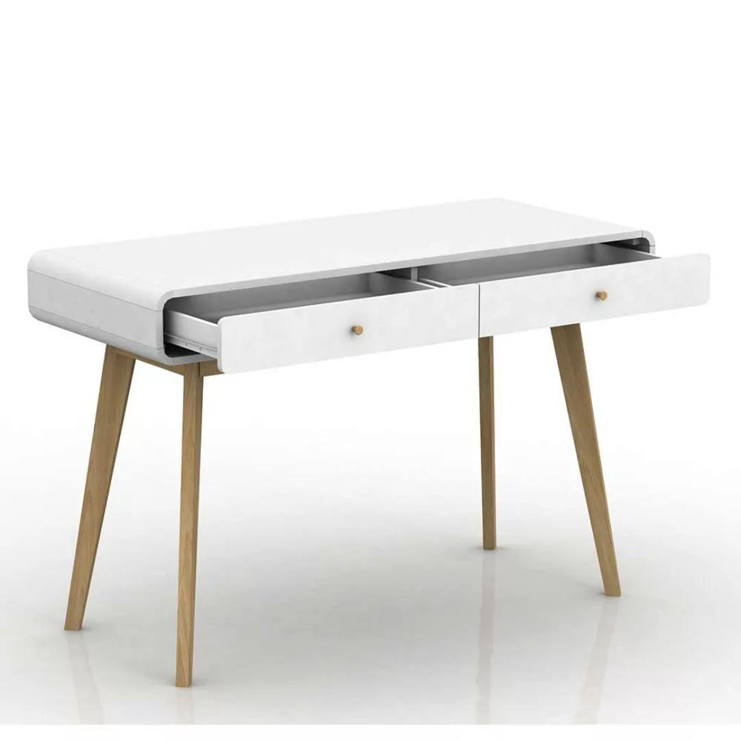 Skandi Design Schreibtisch in Weiß und Holz Naturfarben 120 cm breit günstig online kaufen