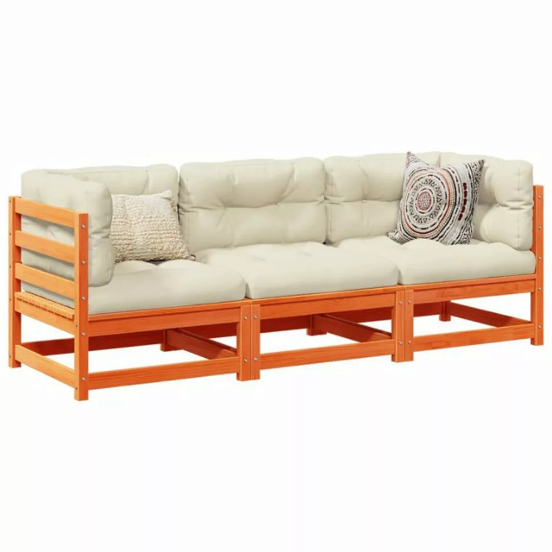 vidaXL Loungesofa 3-tlg. Garten-Sofagarnitur mit Kissen Wachsbraun Kiefernh günstig online kaufen