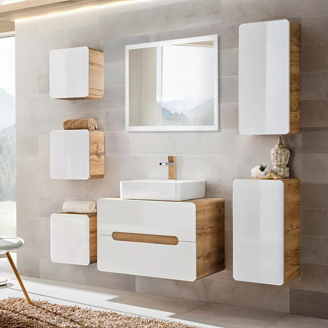 Badezimmer Komplett Set mit Keramik Waschbecken in Hochglanz weiß mit Wotan günstig online kaufen
