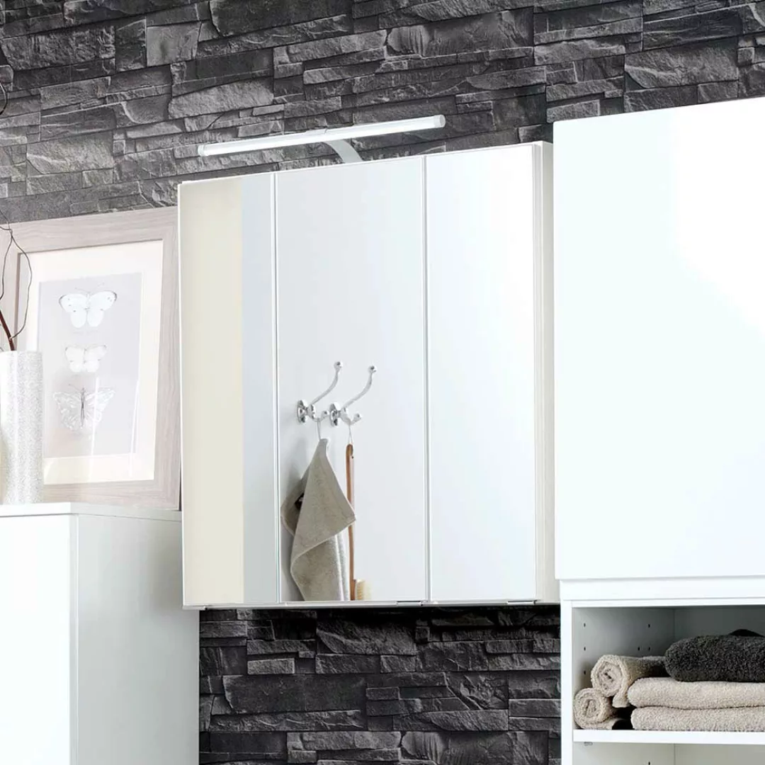 Badmöbel Komplettset in Hochglanz Weiß Spiegelschrank in 3D Optik (dreiteil günstig online kaufen