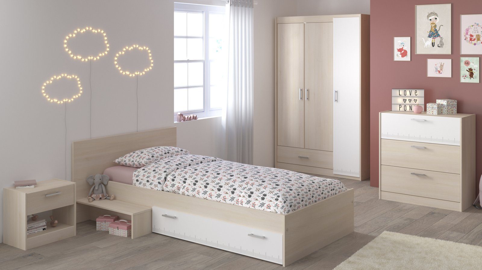 Parisot Jugendzimmer-Set Charly, (4-teilig, Stauraumbett 90x200 günstig online kaufen