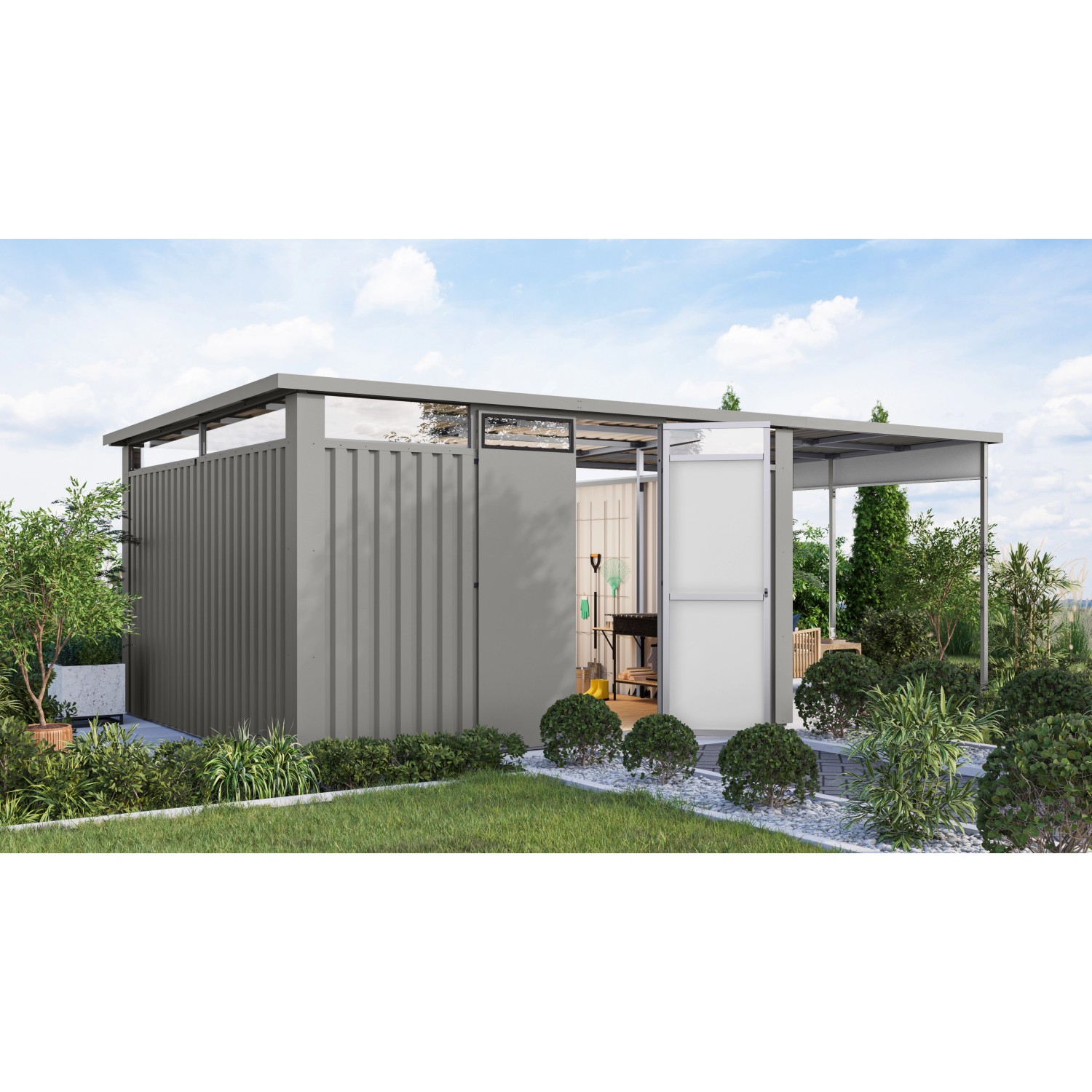 Karibu Metallgerätehaus Amato 4 m. Anbaudach Graualuminium 220 x 375,5 x 34 günstig online kaufen
