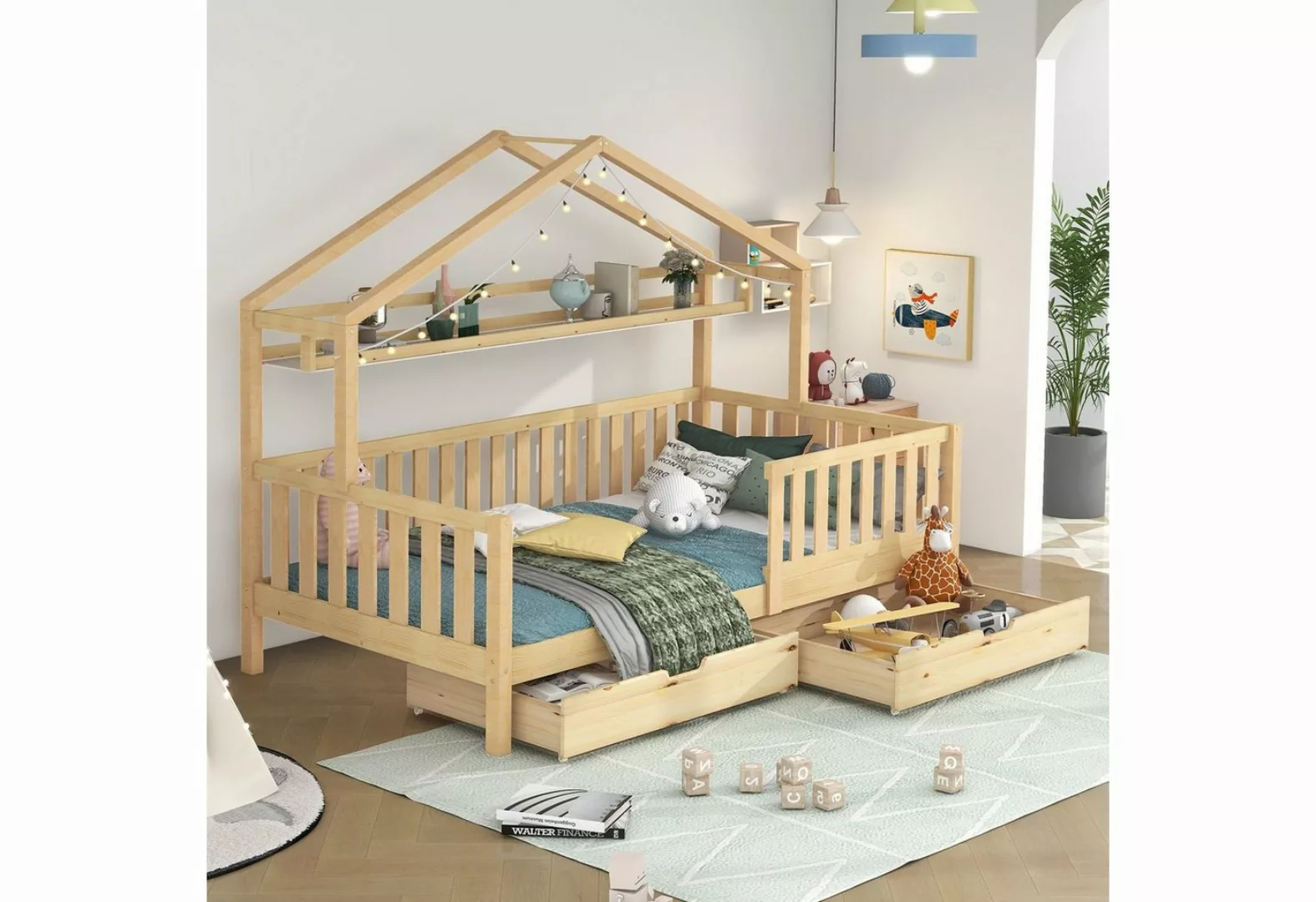 Fangqi Kinderbett Kinderbett in Holzfarbe, Kiefernholz Hausbett mit Schubla günstig online kaufen