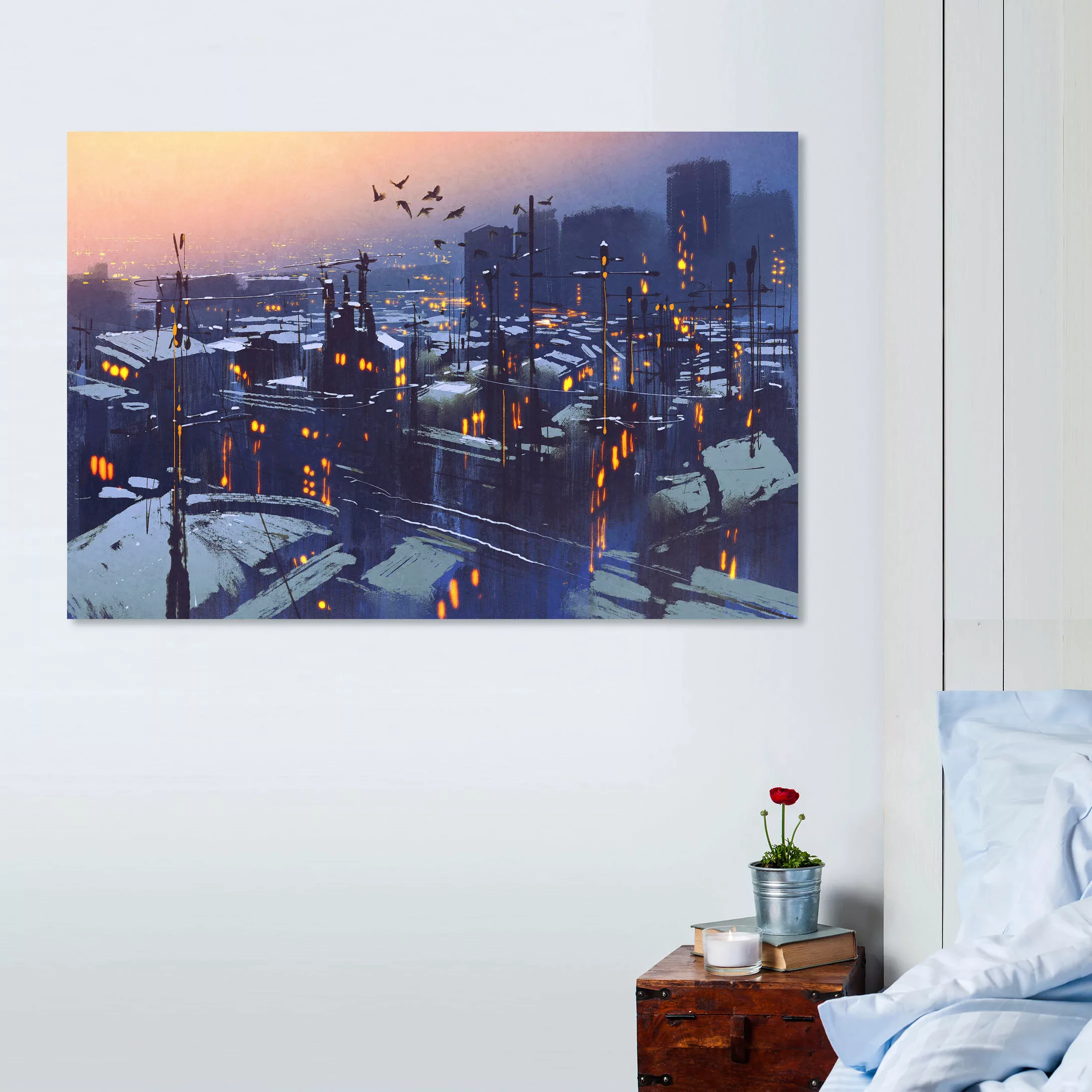 queence Leinwandbild "Stadt bei Nacht", Vögel-Vogelbilder-Kunst-Modern-Spa- günstig online kaufen