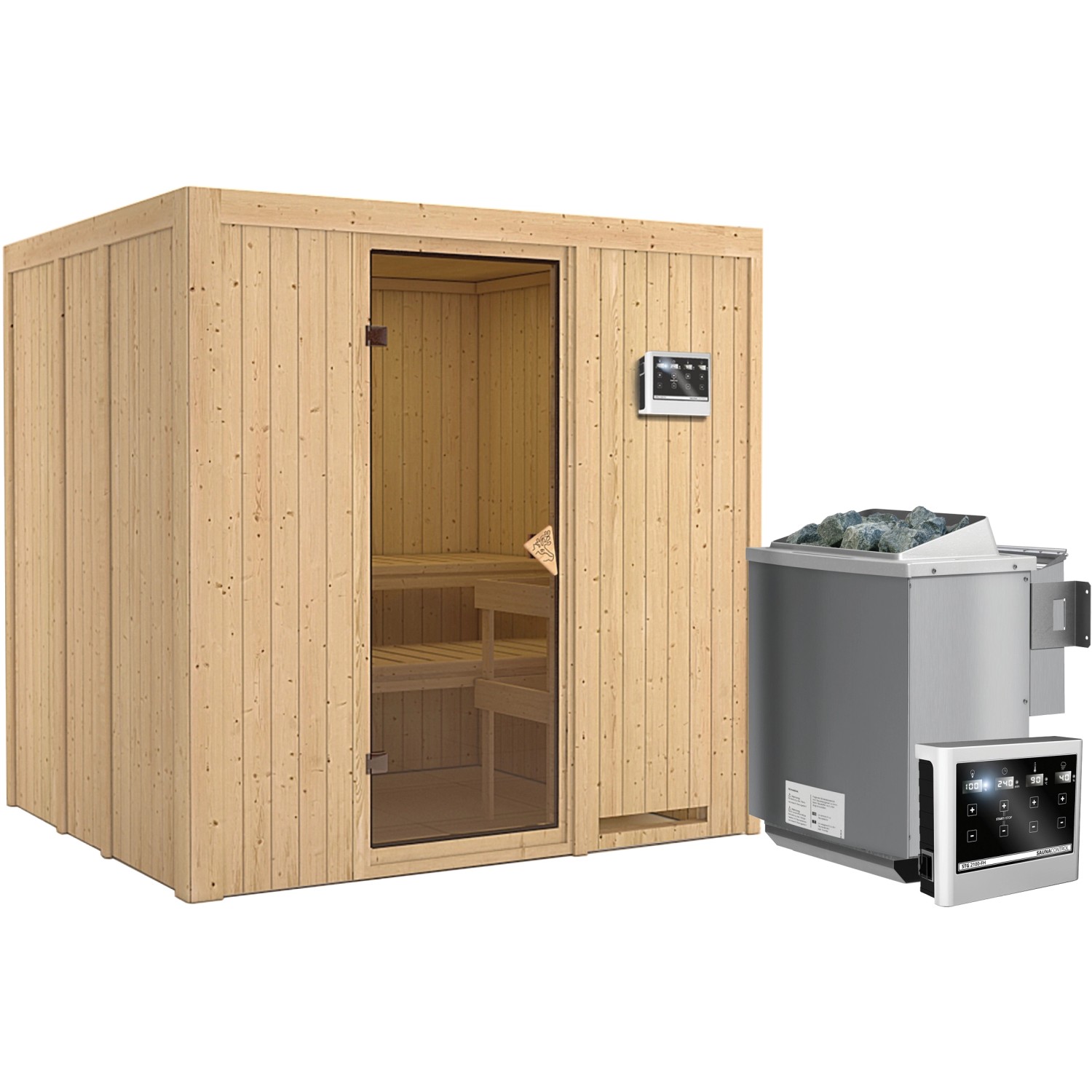 Karibu Sauna-Set Stina inkl. Edelstahl-Bio-Ofen 9 kW mit ext. Steuerung günstig online kaufen
