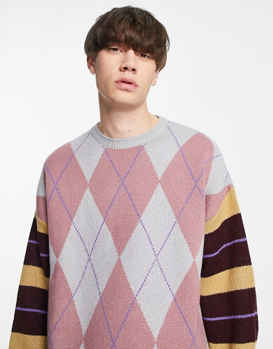 ASOS DESIGN – Strickpullover mit Argyle-Rautenmuster und gestreiften Ärmeln günstig online kaufen