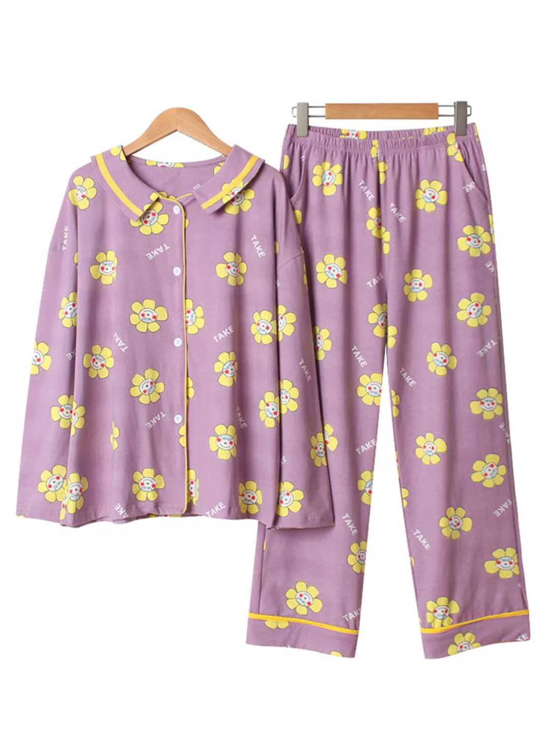 Baumwolle Damen Pyjamas Lange Sets Blumendruck Lässige Nachtwäsche mit Blum günstig online kaufen