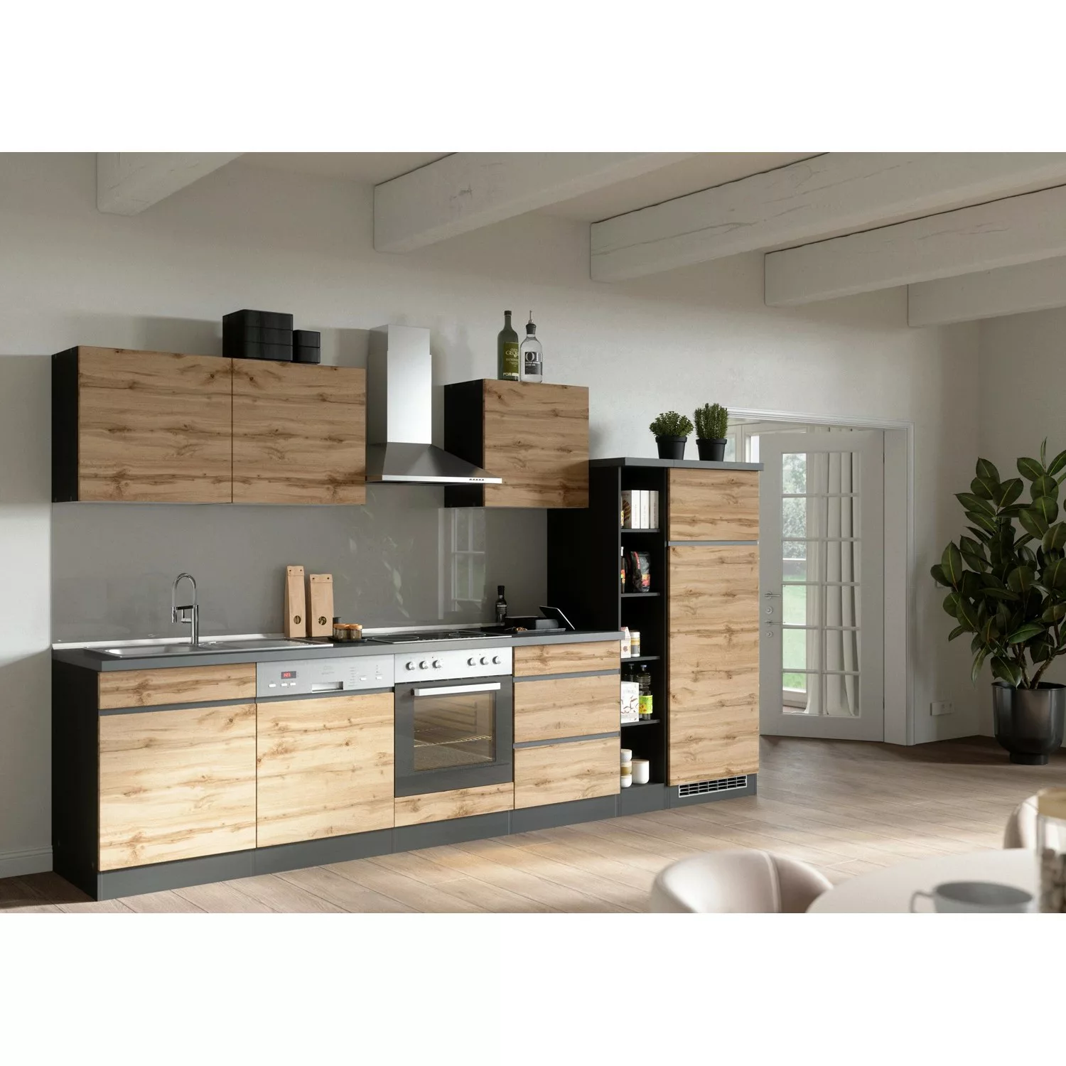 Held Möbel Küchenzeile/Küchenblock Turin 330 cm Wotaneiche-Graphit ohne E-G günstig online kaufen