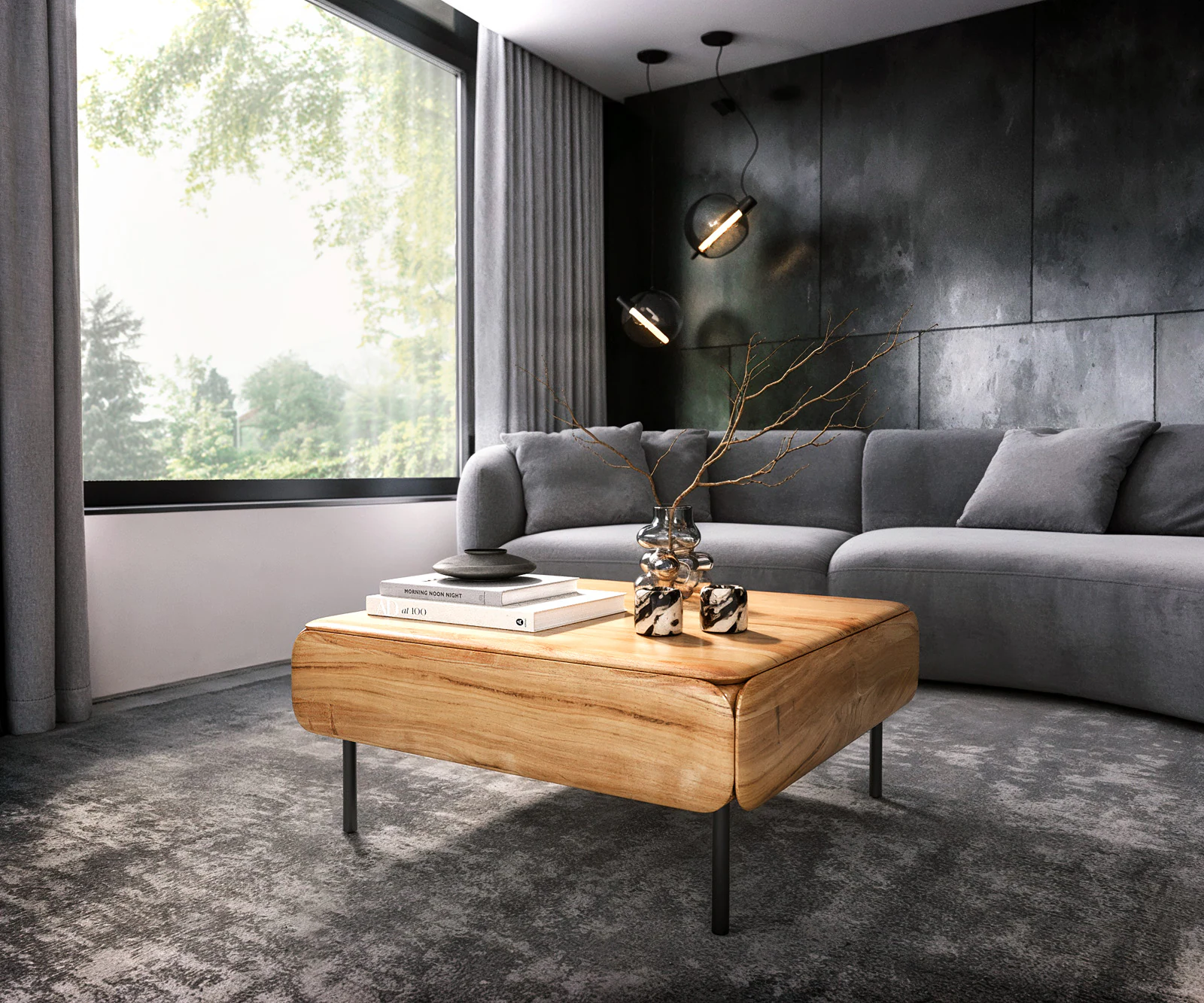 Couchtisch Shavani 90x90 cm Akazie Natur 2 Klapptüren Metall Schwarz günstig online kaufen