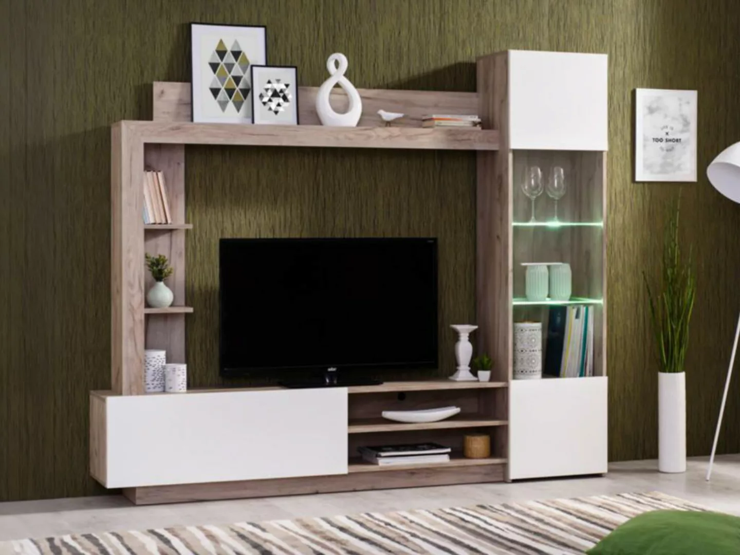 TV-Möbel TV-Wand mit Stauraum & LEDs - Weiß & Eichefarben - ARKALA günstig online kaufen
