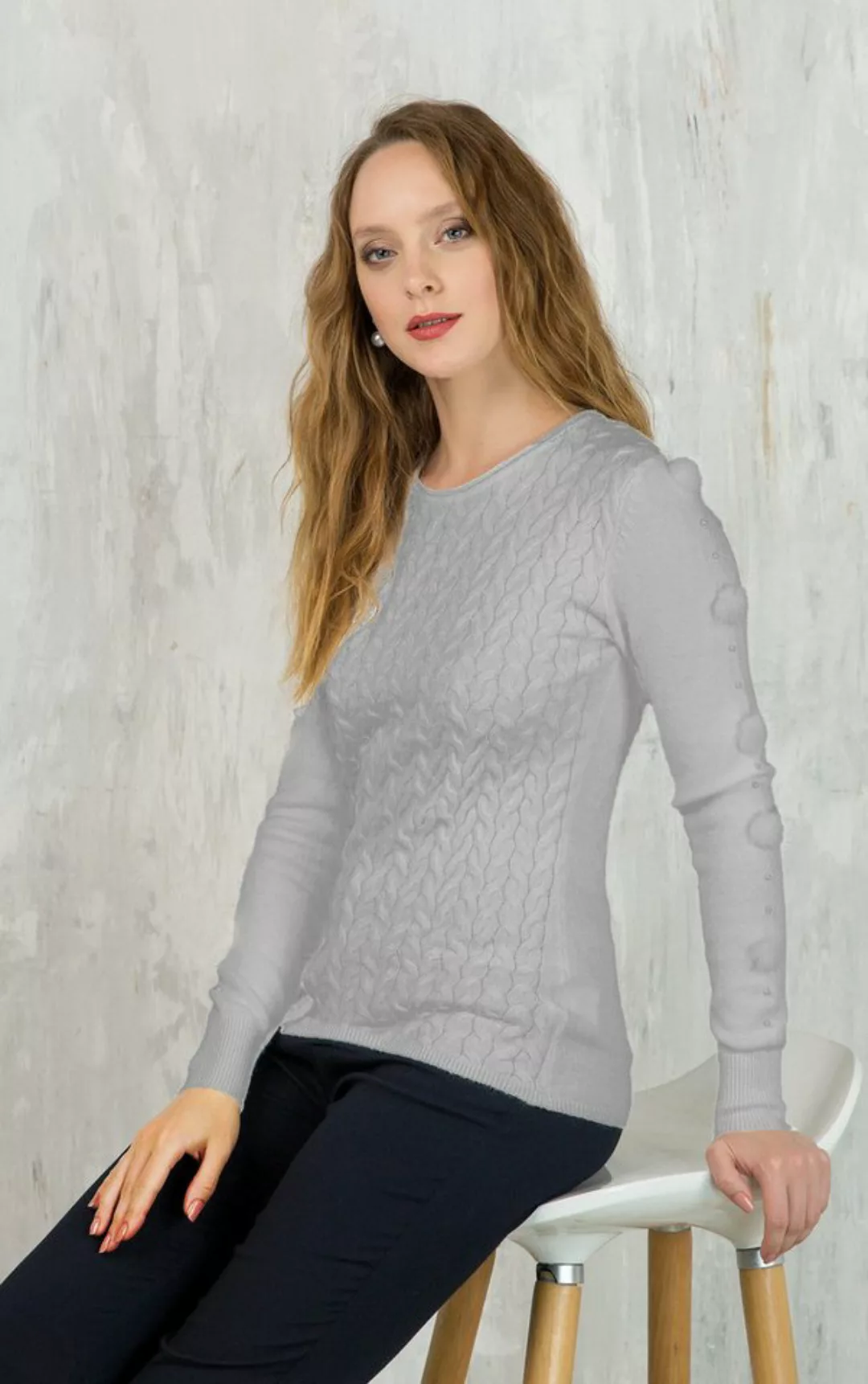 Passioni Strickpullover mit Zopfmuster in Ecru, Grau oder Blau mit Bommel u günstig online kaufen