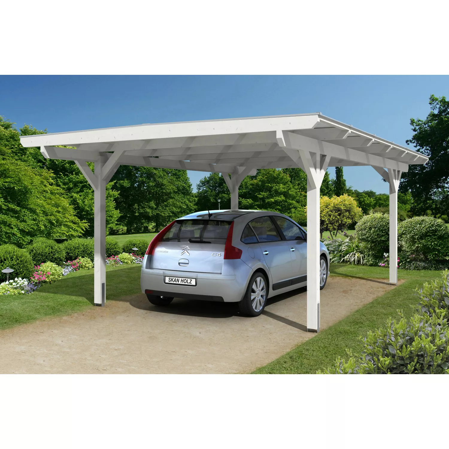 Skan Holz Carport Odenwald 428 cm x 648 cm gerade Kopfbänder Weiß günstig online kaufen