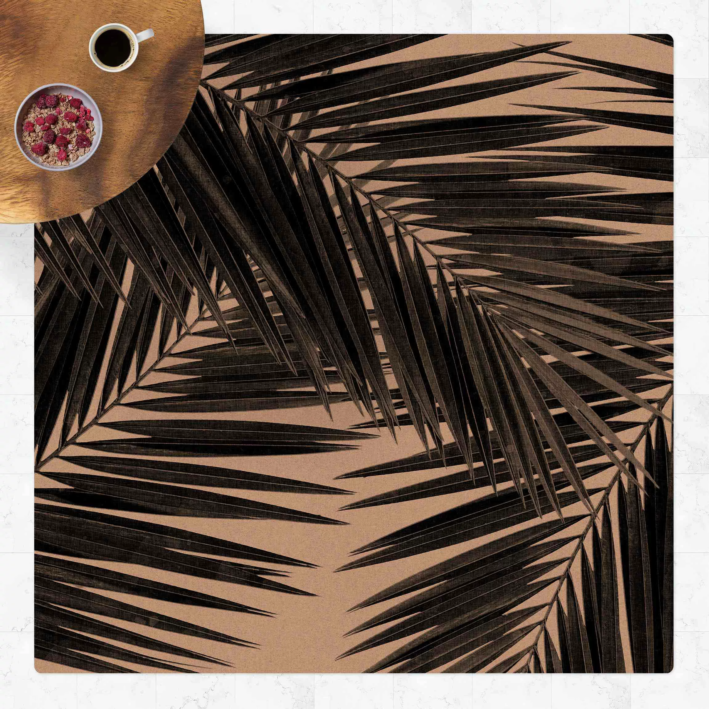 Kork-Teppich Blick durch Palmenblätter schwarz weiß günstig online kaufen