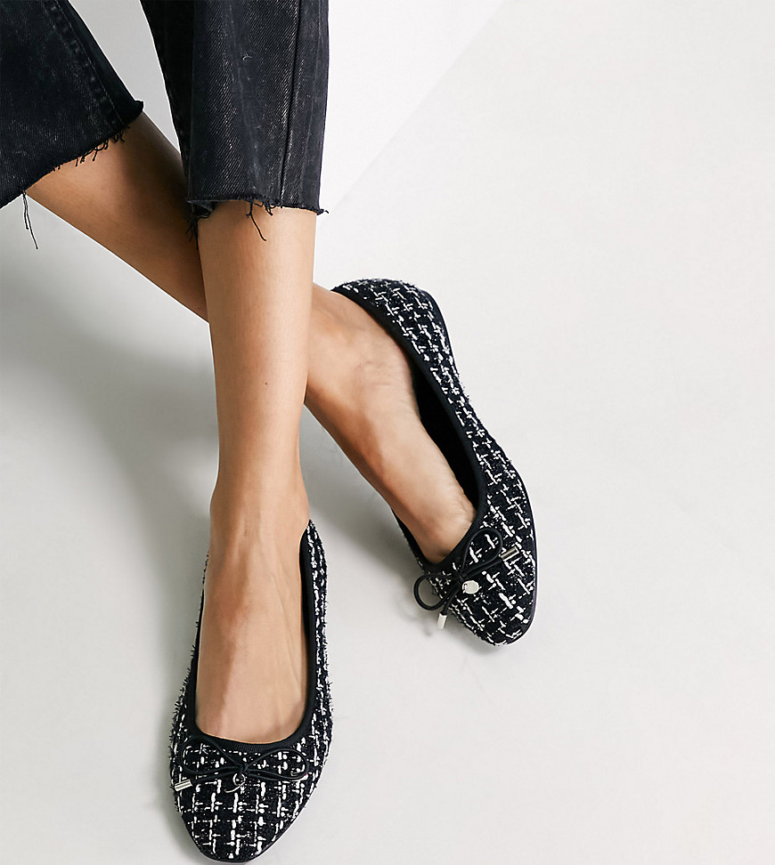 ASOS DESIGN Wide Fit – Lallie – Flache Ballerinas in Schwarz in Tweed-Optik günstig online kaufen