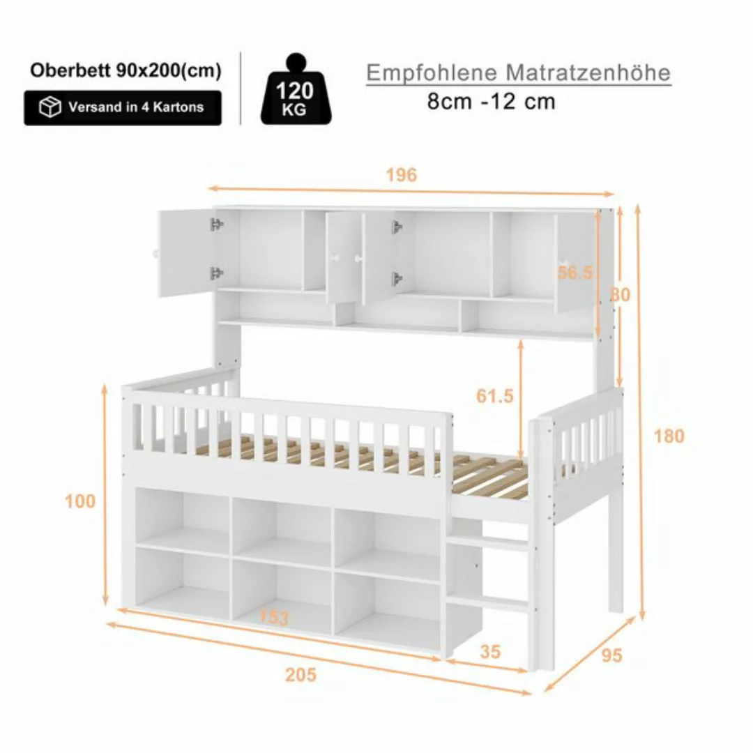 IDEASY Hochbett Kinderbett aus Holz 90*200 cm, Einzelbett, Kinderbett, weiß günstig online kaufen