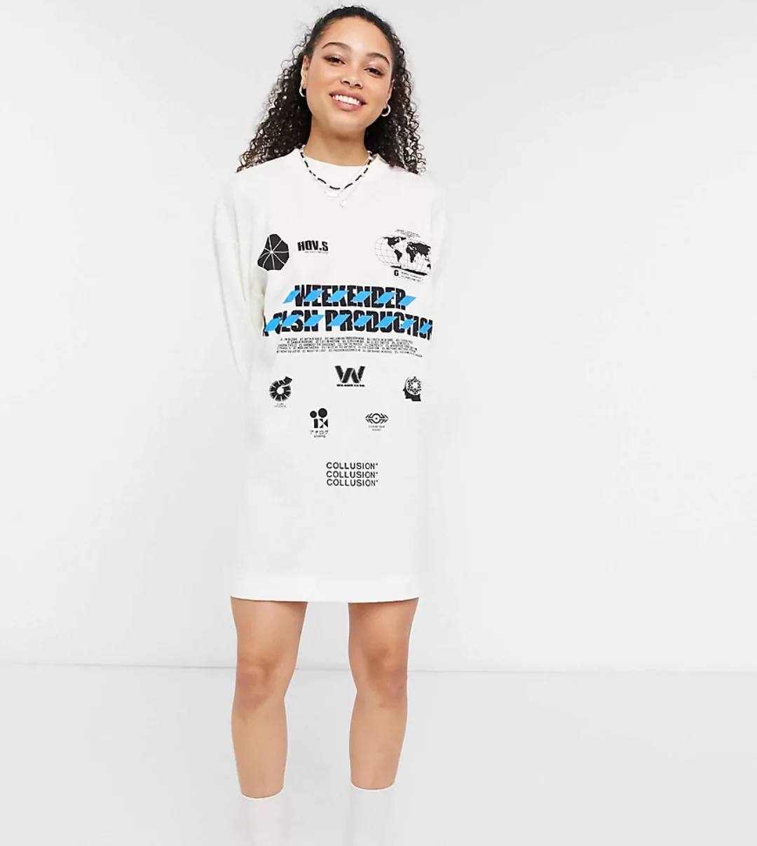 COLLUSION – Langärmliges Shirt-Kleid mit Waffelstruktur und Rückenprint in günstig online kaufen
