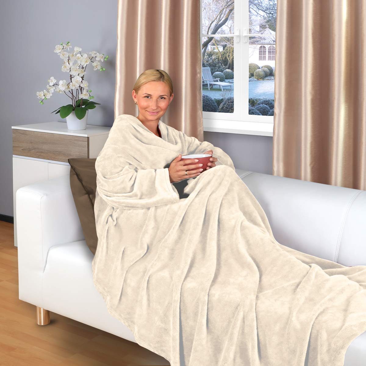 Wohndecke flauschige, tragbare Kuscheldecke mit Ärmeln günstig online kaufen