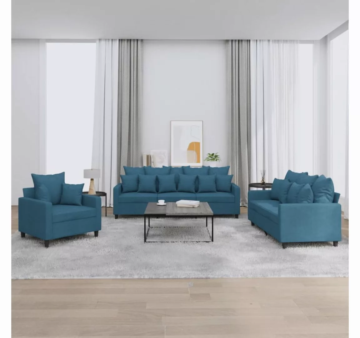 vidaXL Sofa, 3-tlg. Sofagarnitur mit Kissen Blau Samt günstig online kaufen