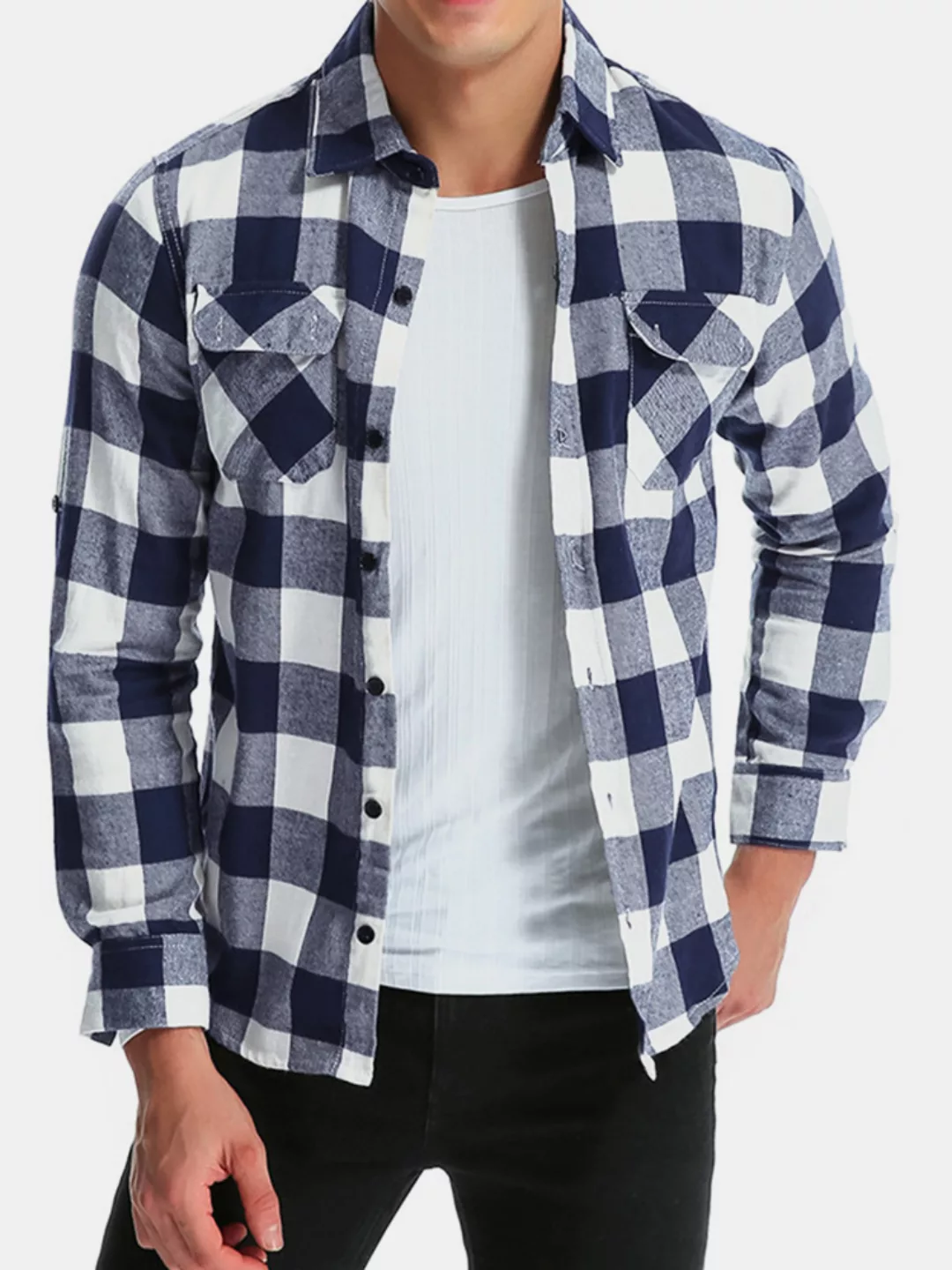 Herren Baumwolle Dual Pocket Langarm Check Shirt günstig online kaufen